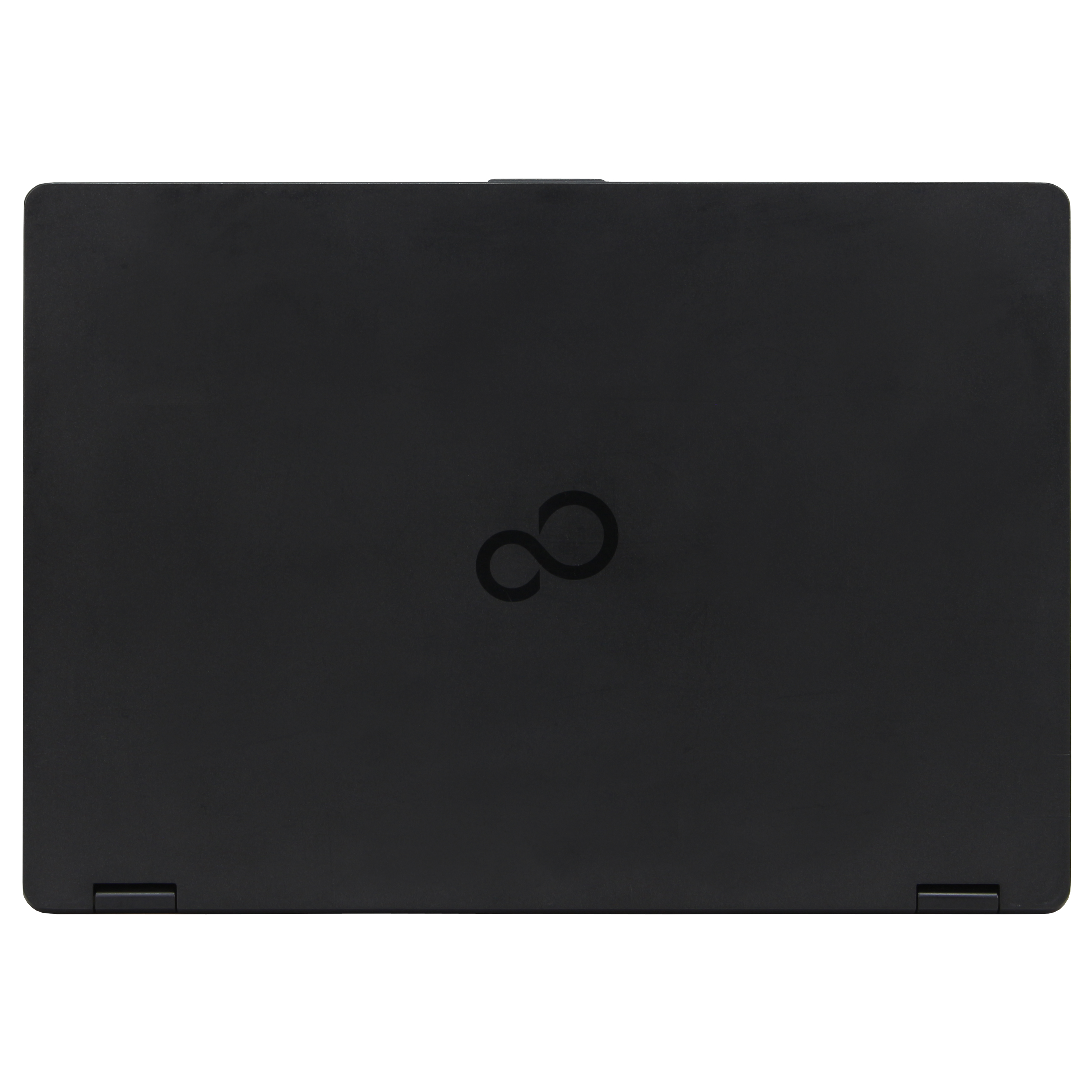 Un portátil negro cerrado con el logotipo de Fujitsu sobre fondo blanco. La tapa está cerrada.