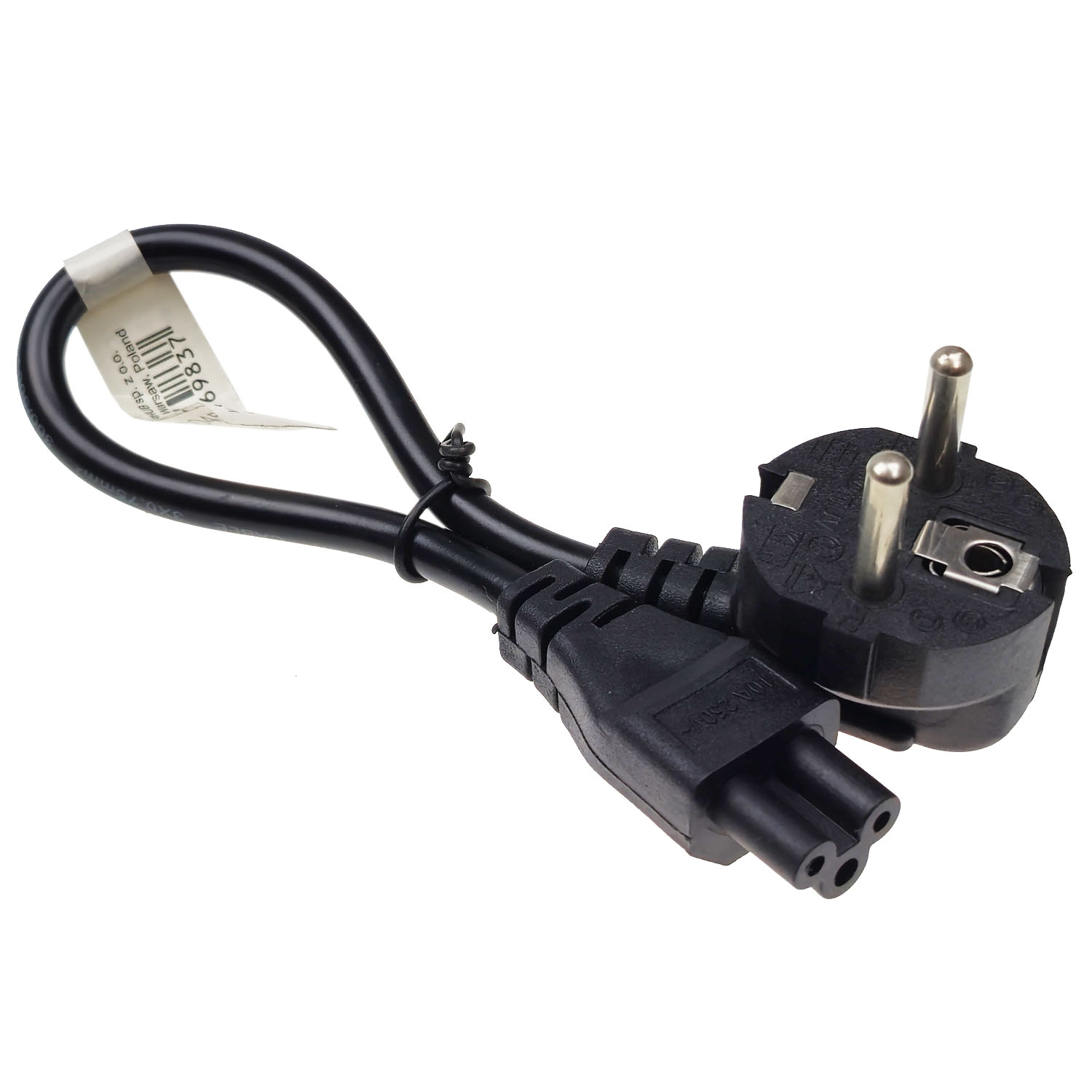 Czarny kabel zasilający z europejską wtyczką i trójbolcowym złączem na białym tle.