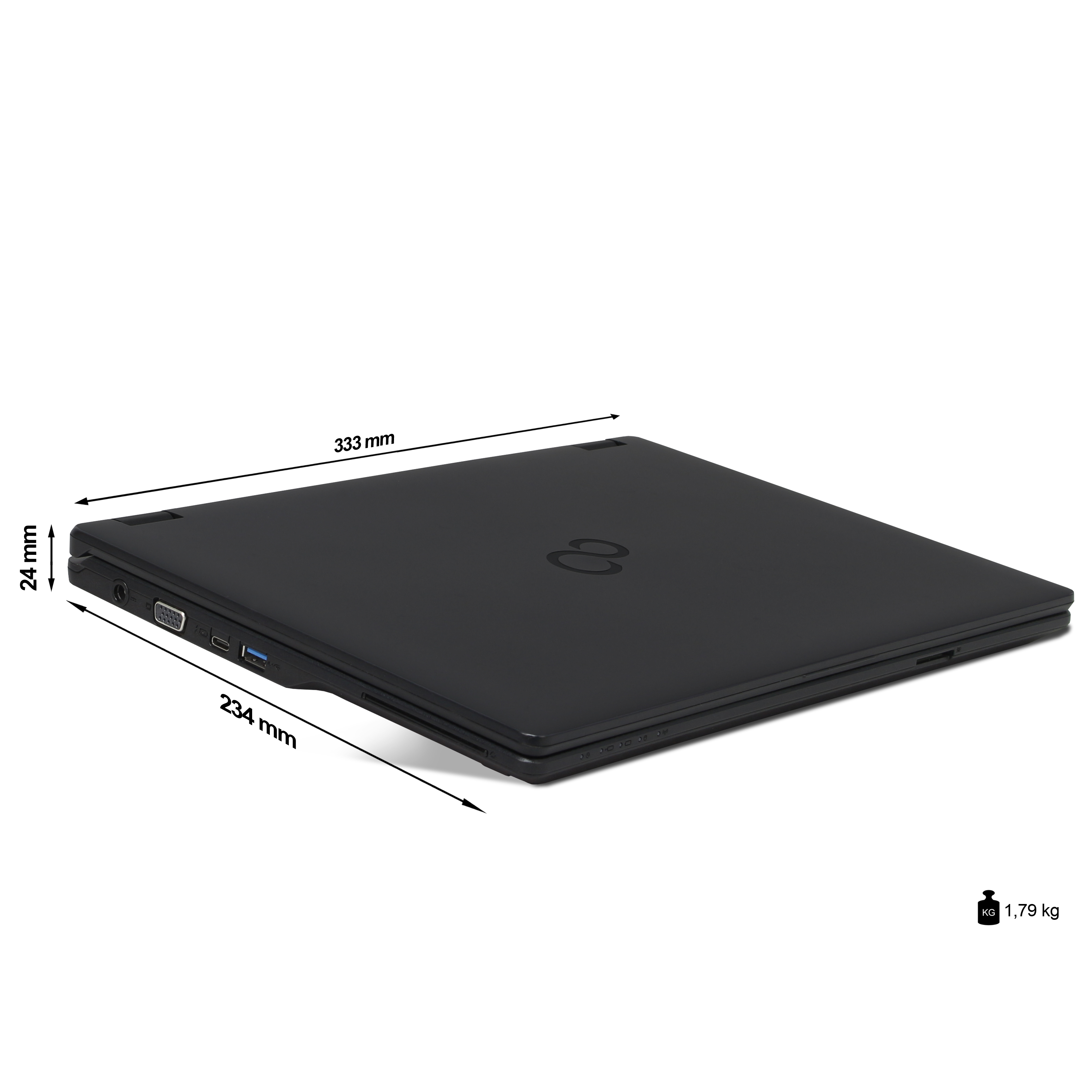 Ein geschlossener, schwarzer Laptop mit Maßangaben. Ein Gewichtssymbol zeigt 1,79 kg. Der Laptop hat ein Logo.