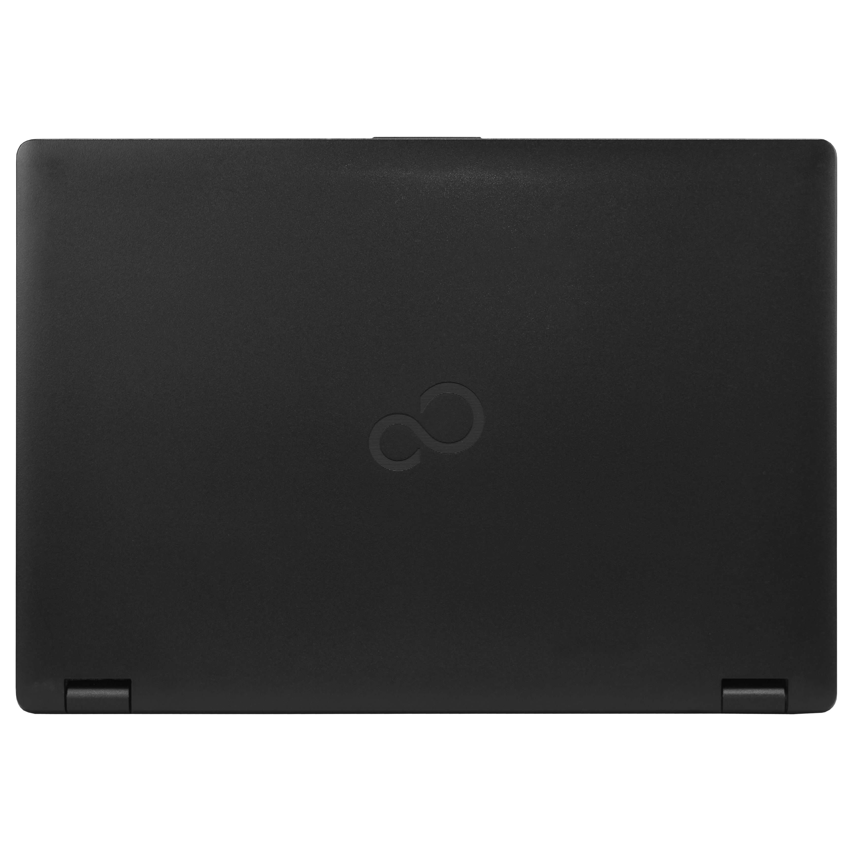Die Rückseite eines schwarzen Laptops. In der Mitte befindet sich ein Fujitsu-Logo. Der Laptop ist geschlossen.