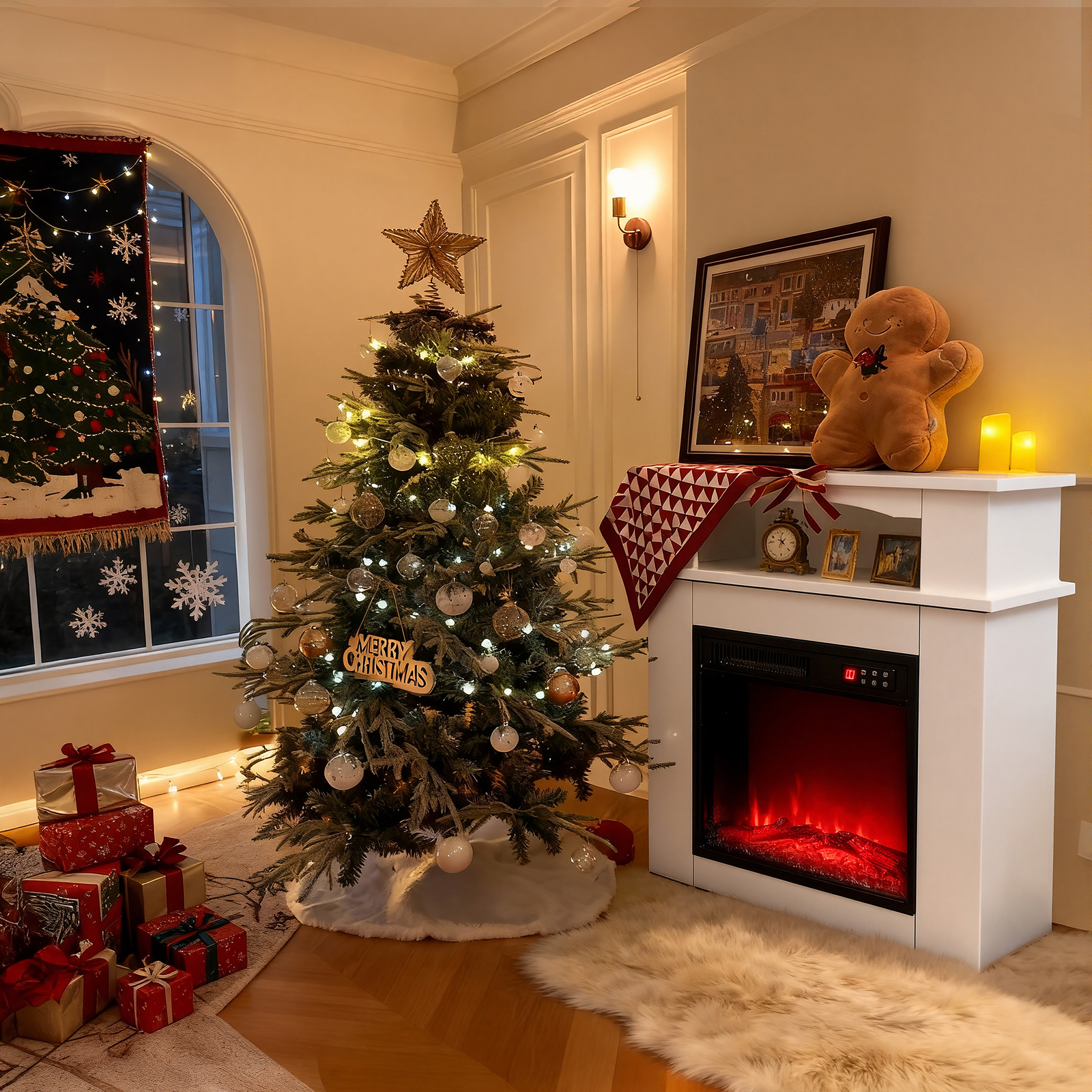 Un árbol de Navidad decorado con luces. Hay una chimenea, regalos y un hombre de jengibre, creando una escena festiva.