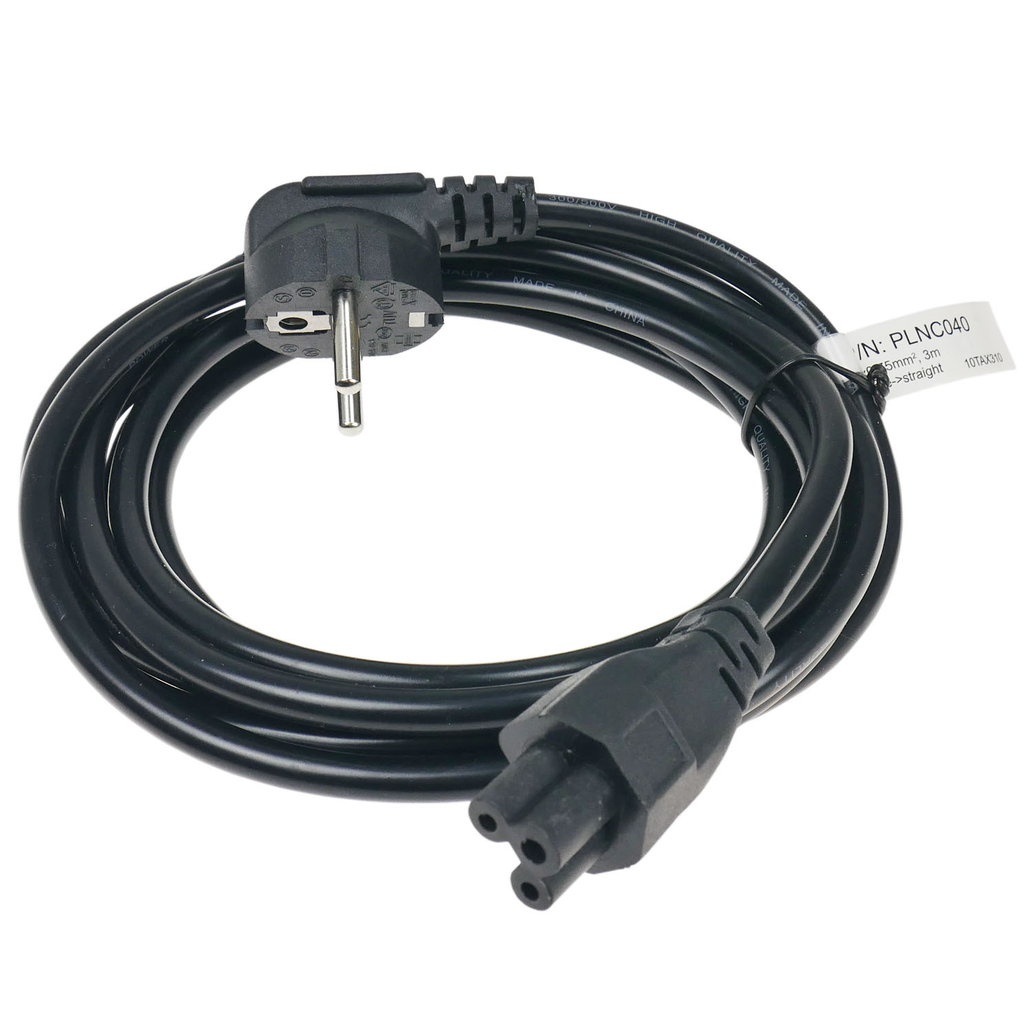 Czarny kabel zasilający z europejską wtyczką na jednym końcu i trzypinowym złączem na drugim, zwinięty na białym tle.