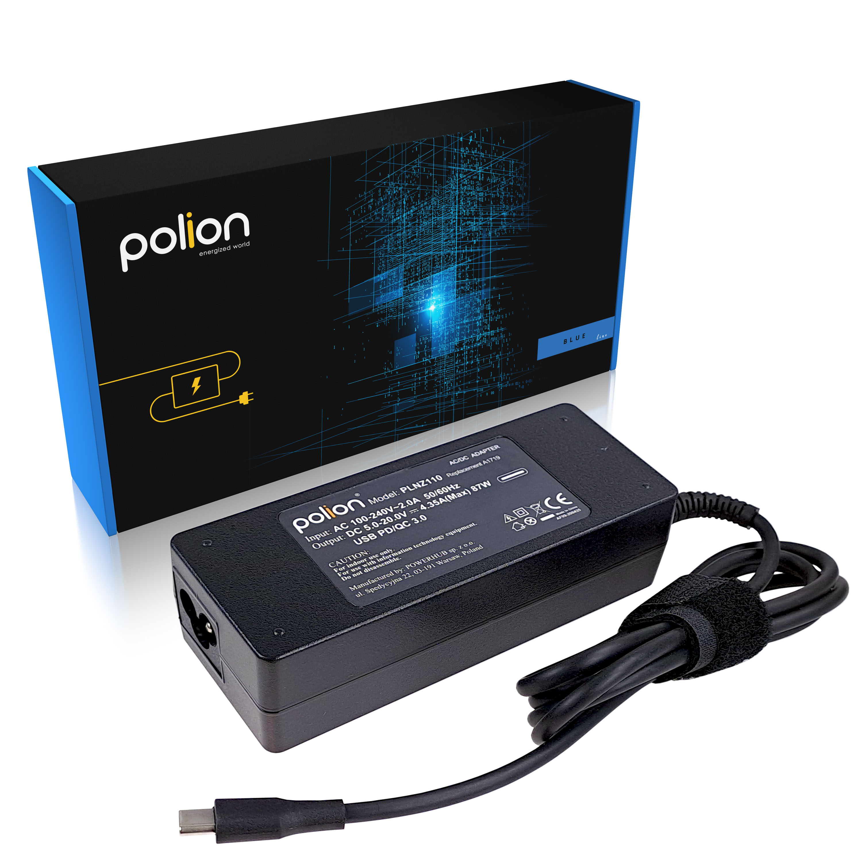 Czarna ładowarka do laptopa z czarnym kablem i niebiesko-czarnym pudełkiem z logo.