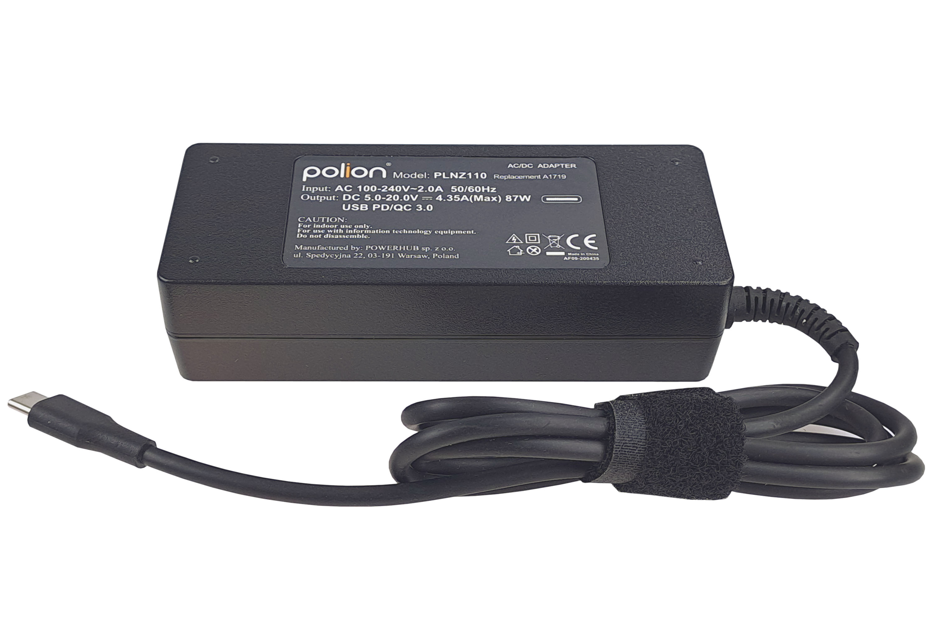 Czarny zasilacz AC/DC z kablem i USB-C. Etykieta z 'polion' i specyfikacjami.