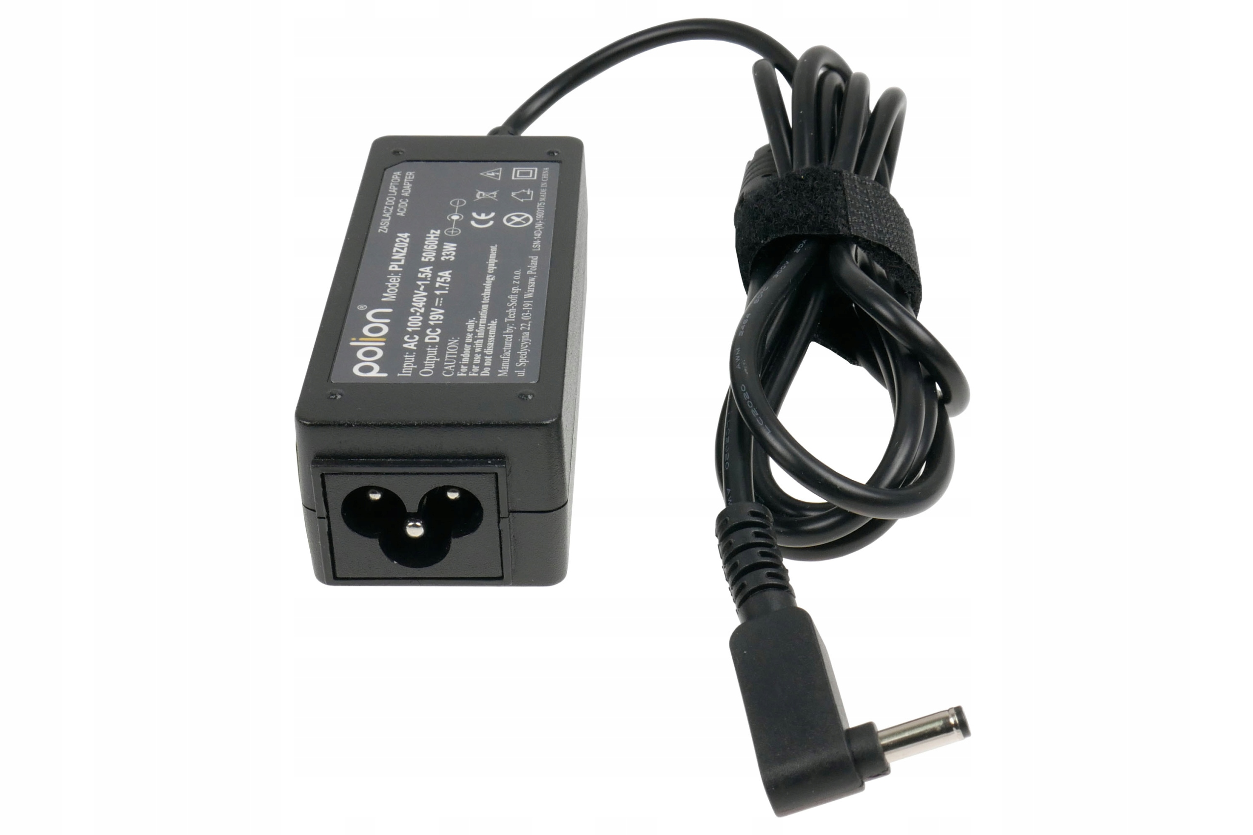 Czarna ładowarka do laptopa z wtyczką trzybolcową i czarnym kablem, kątową wtyczką i paskiem na rzep.