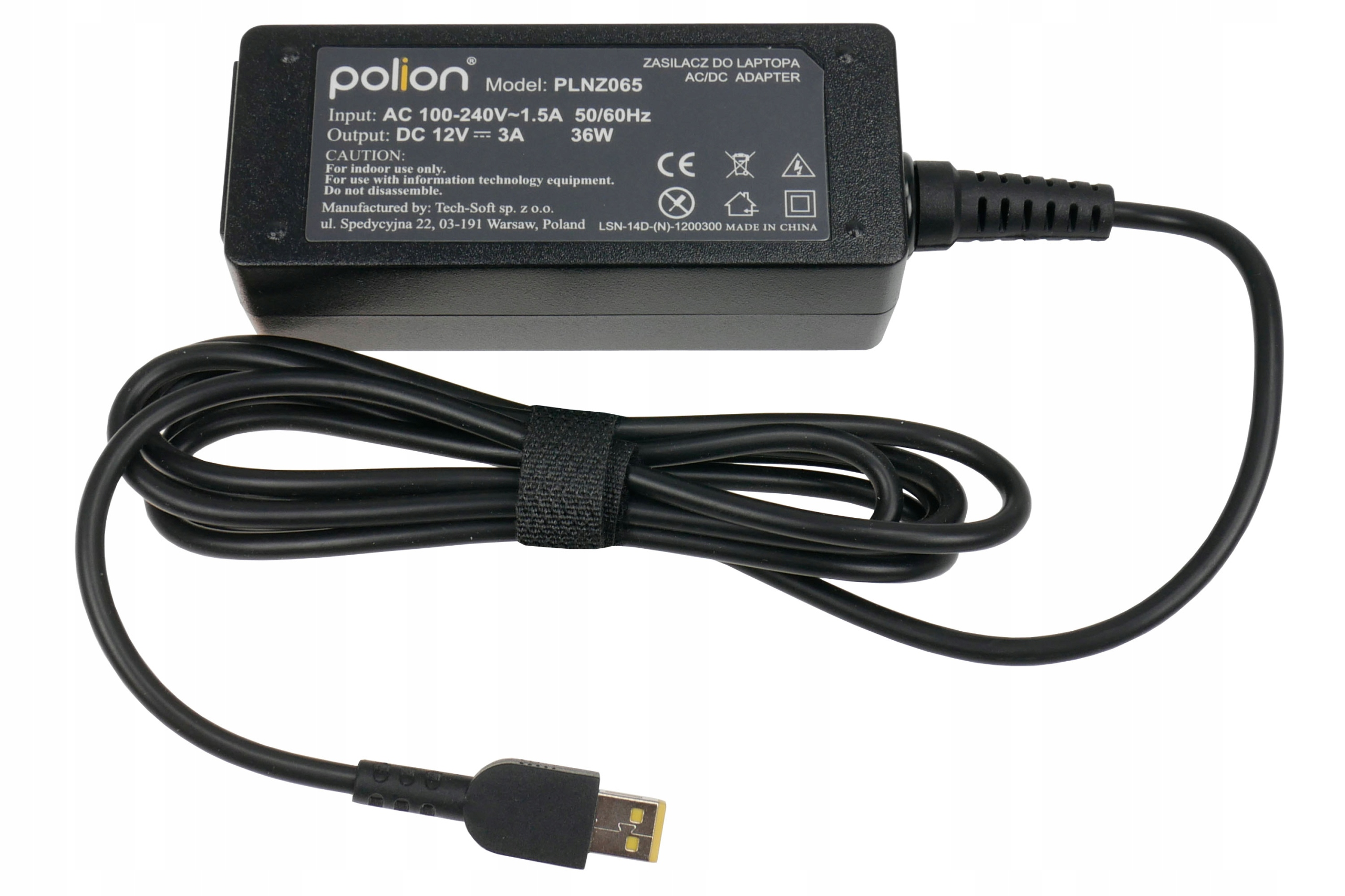 Czarna ładowarka do laptopa z czarnym kablem. Posiada etykiety tekstowe i złącze USB.