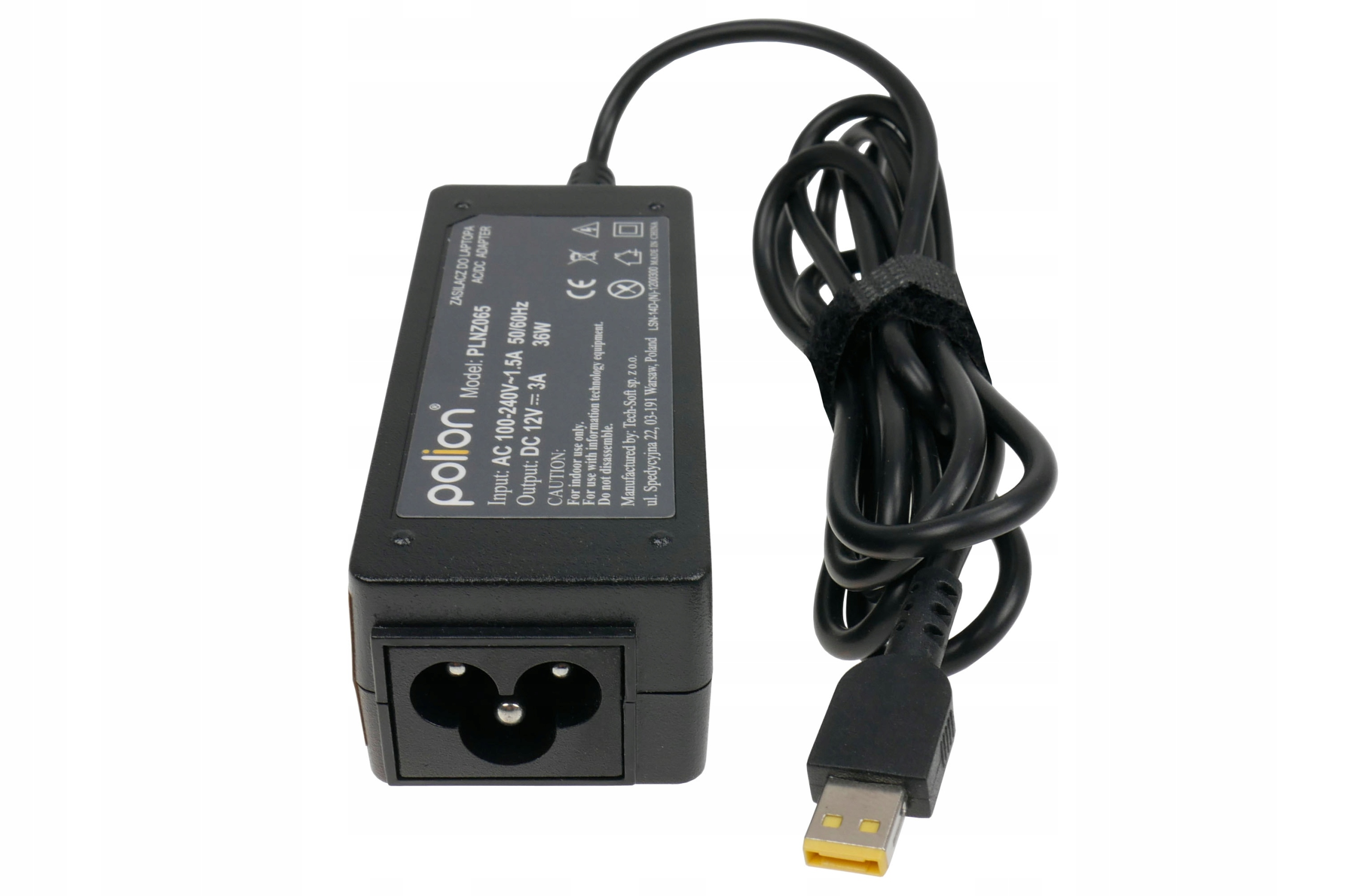 Czarna ładowarka do laptopa z czarnym kablem. Ładowarka ma port wejściowy i port USB.