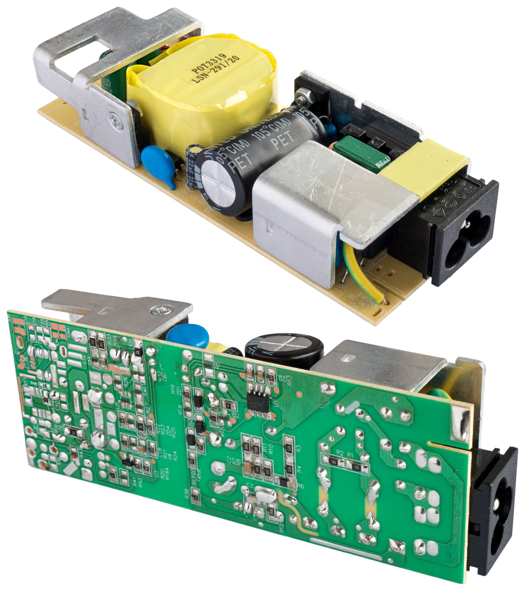 Dwie płytki drukowane z komponentami, kondensatorami i wejściem zasilania. Jedna pokazuje spód, zielony ze śladami.