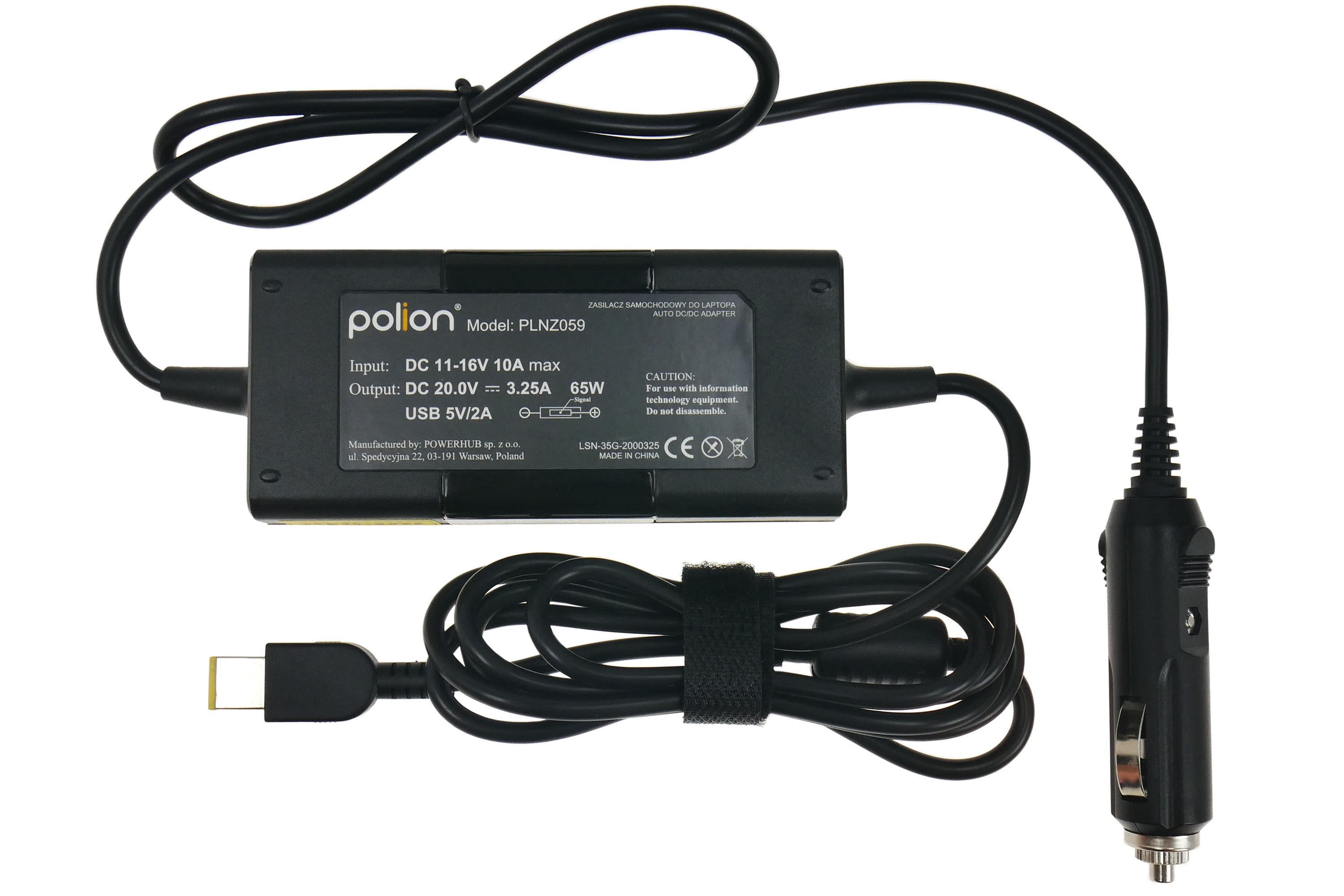 Czarna ładowarka do laptopa Polion do samochodów. Posiada zasilacz, port USB i wtyczkę samochodową.