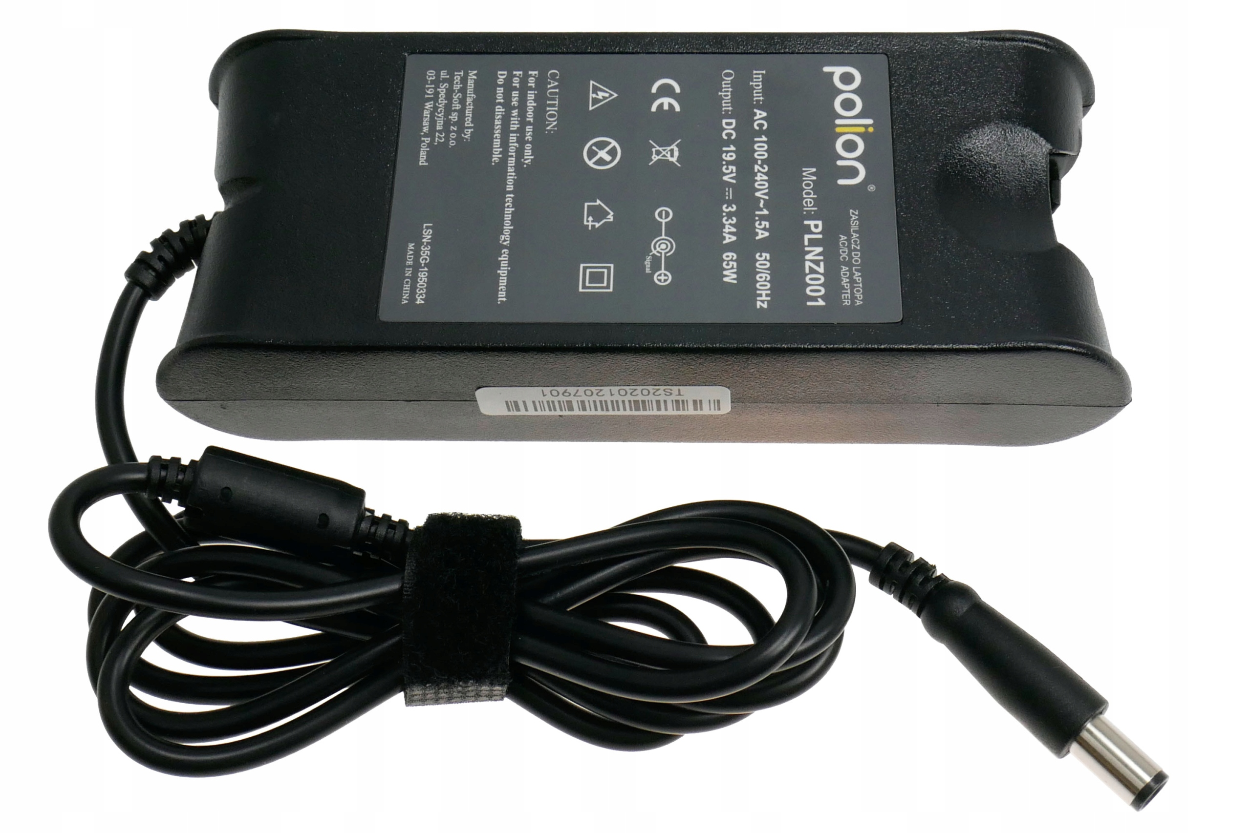 Czarny zasilacz do laptopa z dołączonym kablem. Zasilacz posiada etykiety i numer modelu.