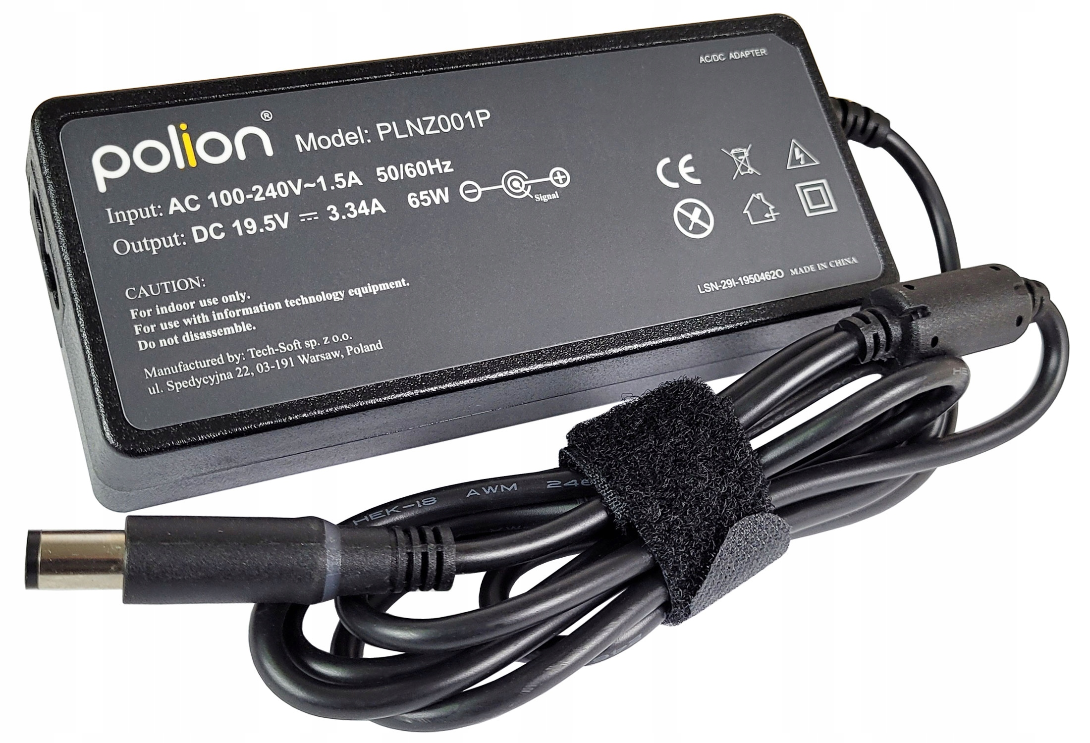 Czarny zasilacz Polion AC/DC. Posiada kabel zasilający i złącze DC. Zasilacz jest oznaczony specyfikacjami.