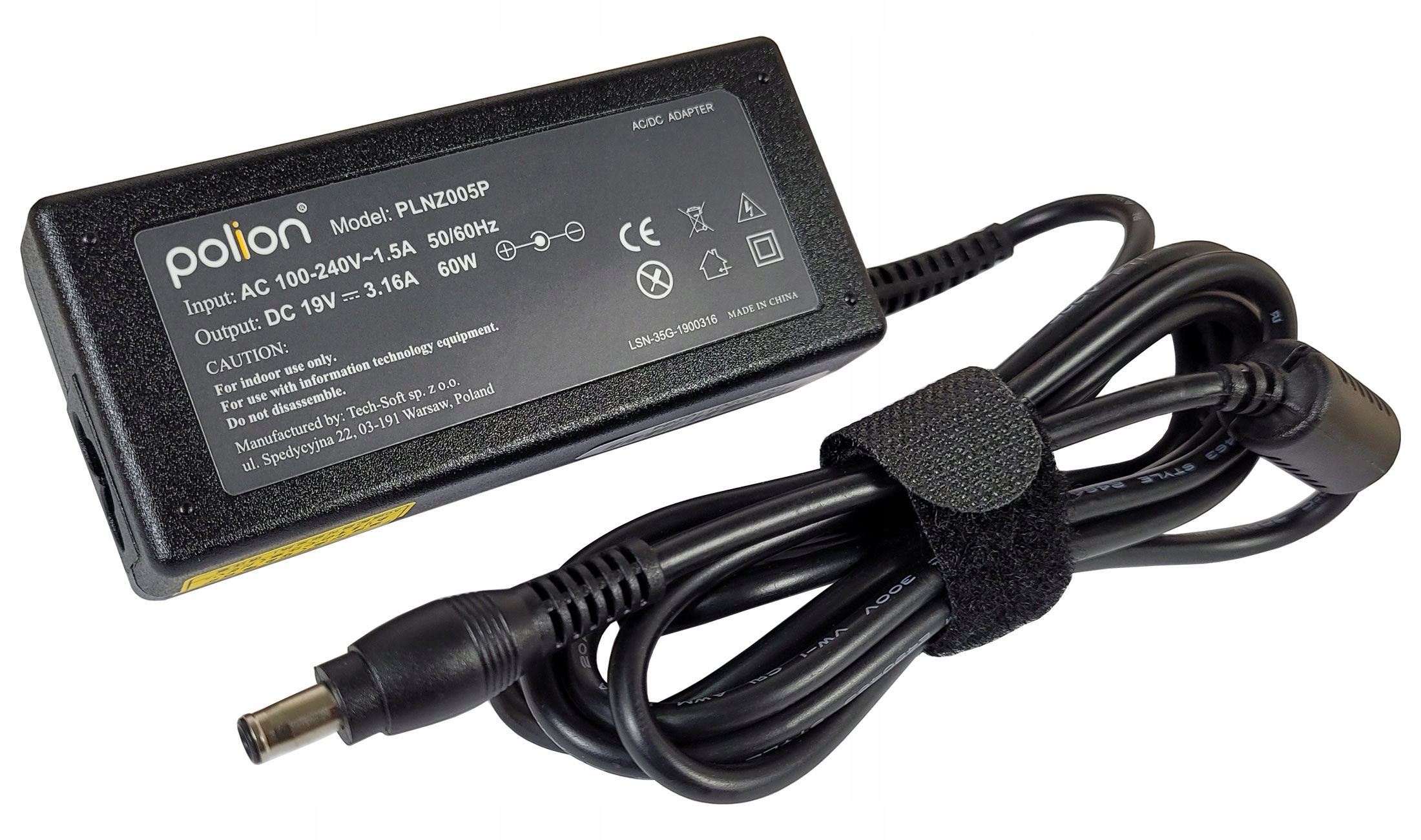 Czarny zasilacz Polion AC/DC z dołączonymi czarnymi kablami, zabezpieczonymi paskiem na rzep. Zasilacz ma wydrukowane specyfikacje.
