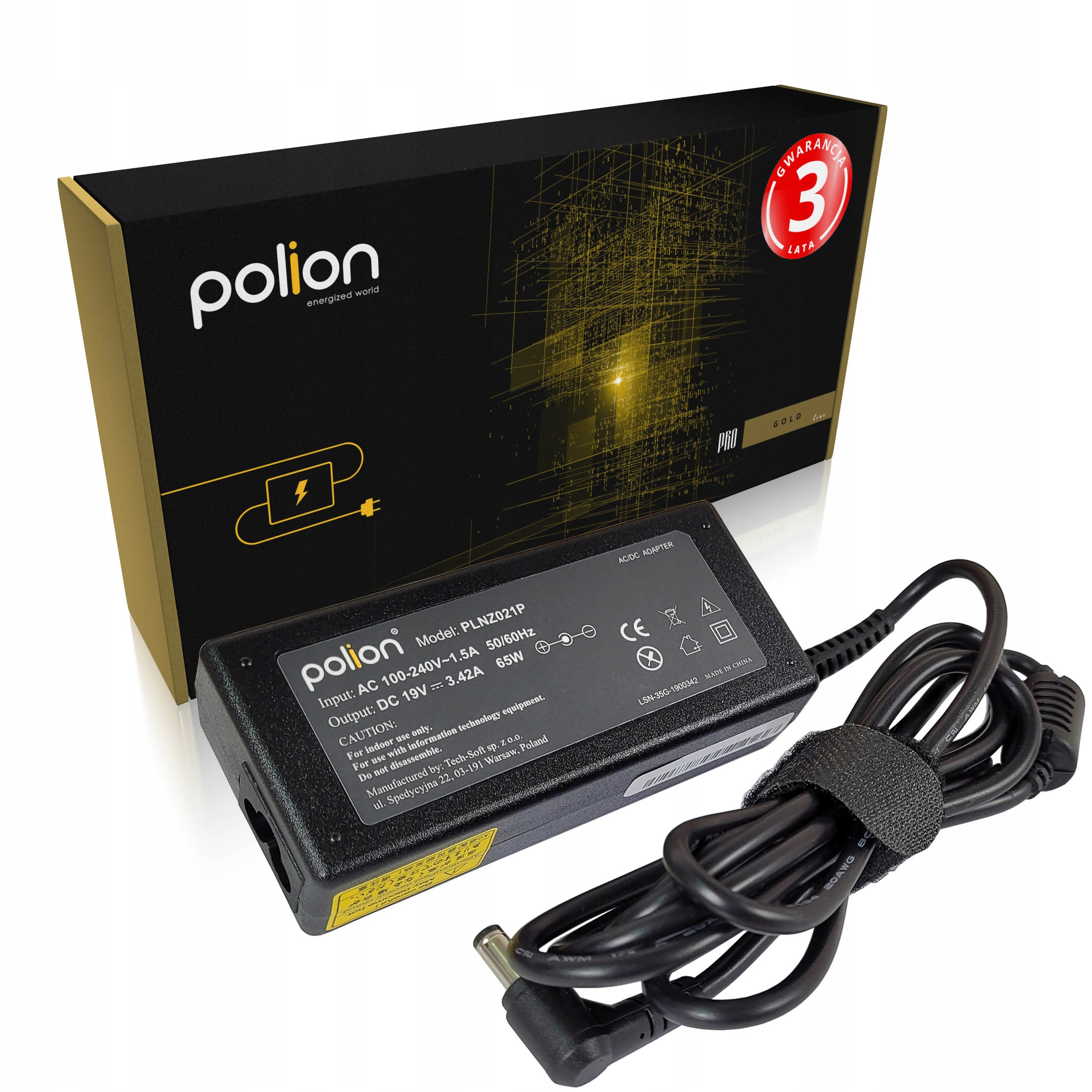 Czarna ładowarka do laptopa Polion z czarnym pudełkiem i złotymi akcentami. Zawiera kabel zasilający i 3-letnią gwarancję.