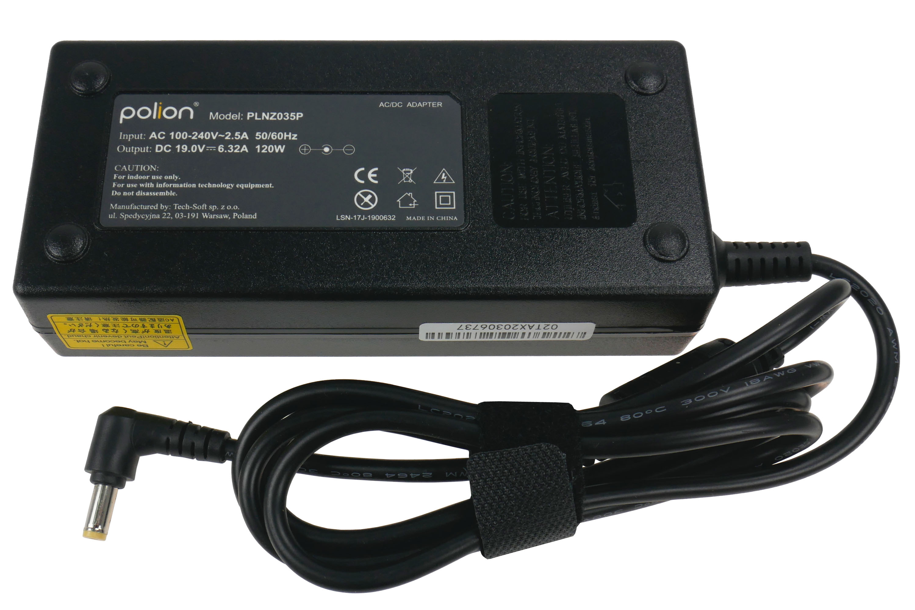 Czarny zasilacz AC/DC z czarnym kablem i złączem. Posiada etykiety z tekstem.