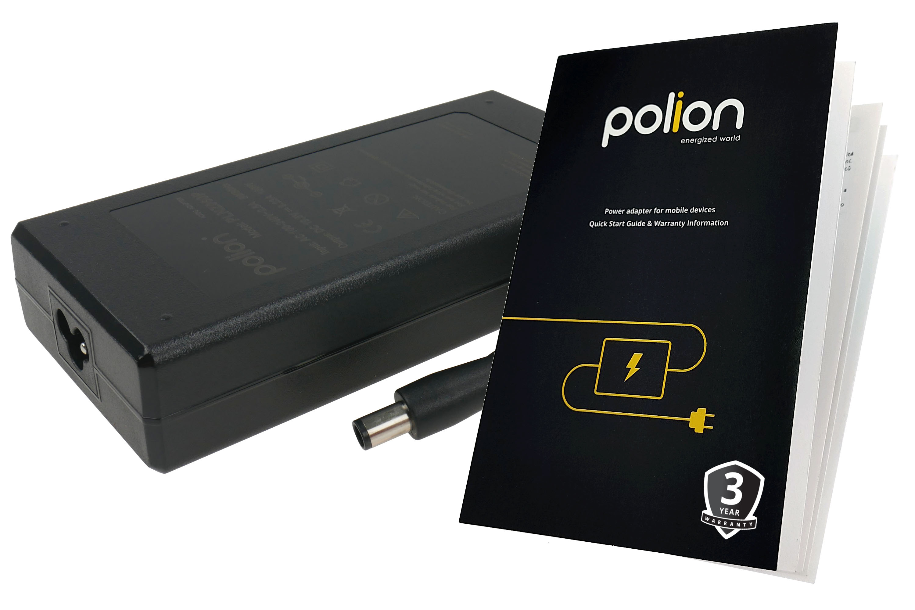 Czarny zasilacz i czarna instrukcja z logo. Adapter ma okrągły port zasilania i połączenie.