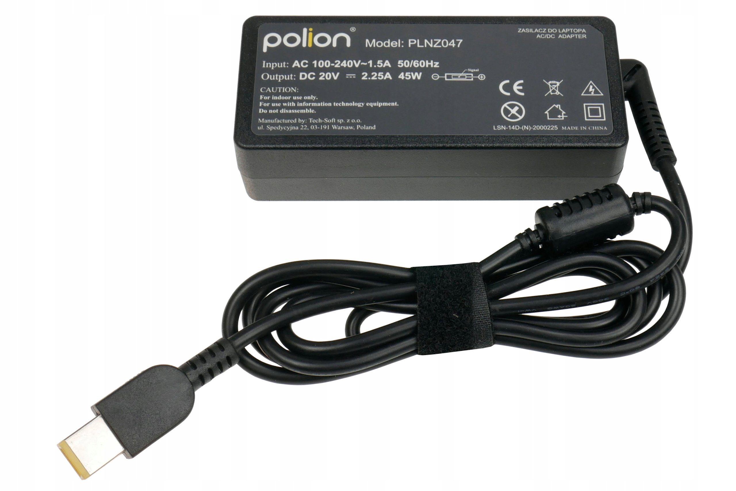 Czarna ładowarka do laptopa Polion z kablem. Ma zasilacz i złącze USB-C.