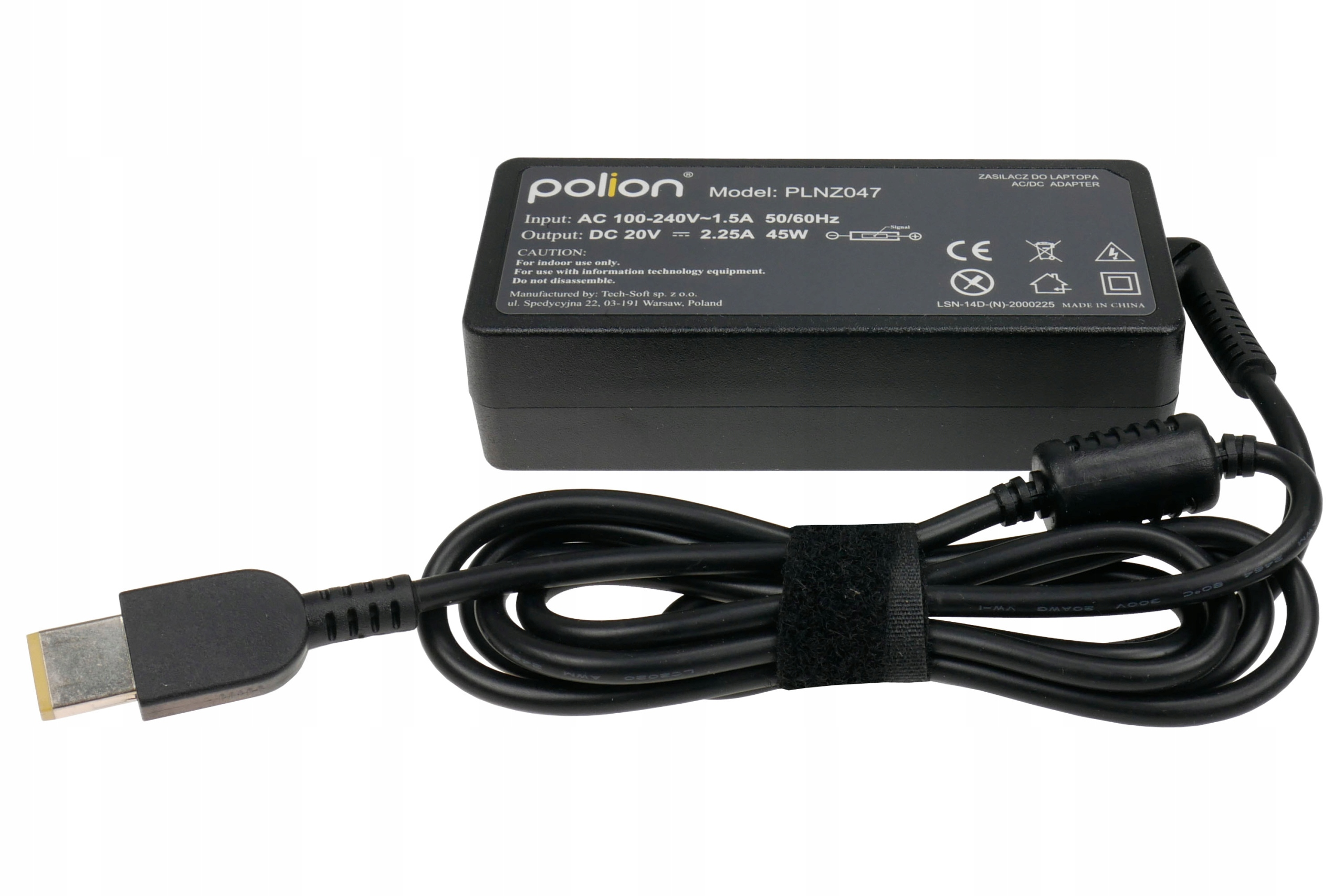 Czarny zasilacz do laptopa z dołączonym kablem i złączem. Posiada etykiety tekstowe.