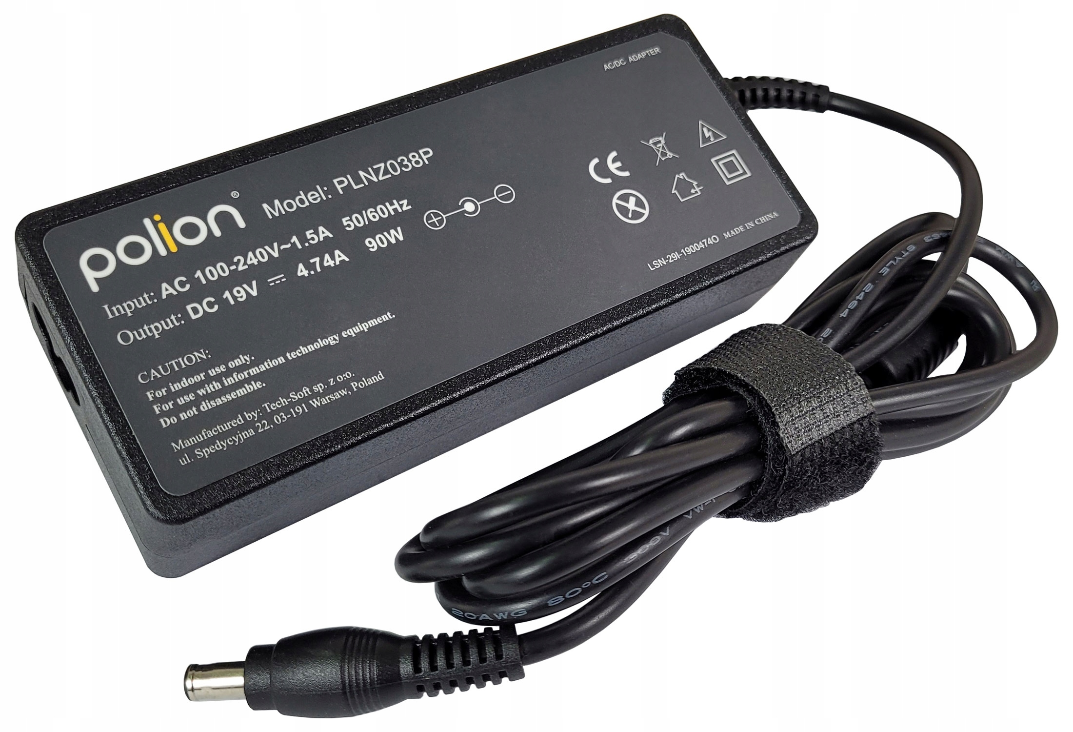 Czarny zasilacz Polion AC/DC z dołączonymi czarnymi kablami. Adapter jest oznaczony specyfikacjami i ostrzeżeniami.