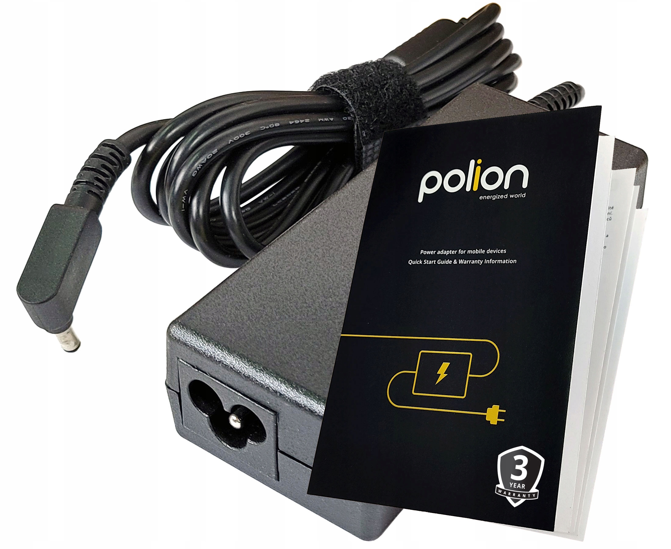 Czarna ładowarka do laptopa z czarnym kablem, czarnym transformatorem i czarną broszurą z białym tekstem.