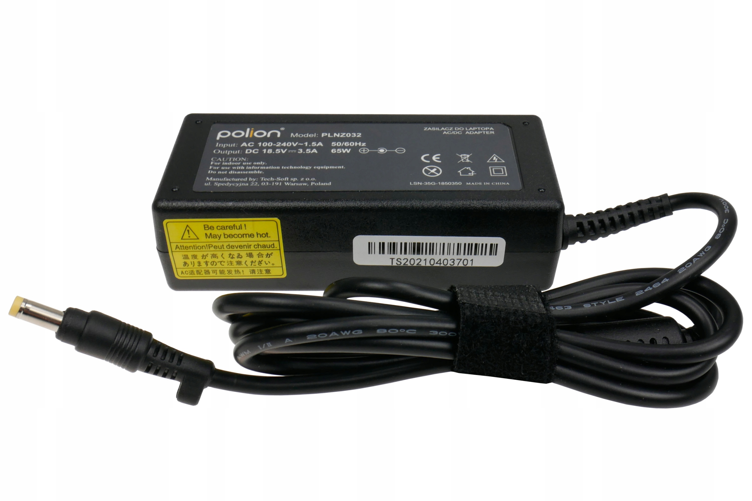 Czarna ładowarka do laptopa z żółtą końcówką, czarnym kablem i etykietą z tekstem.