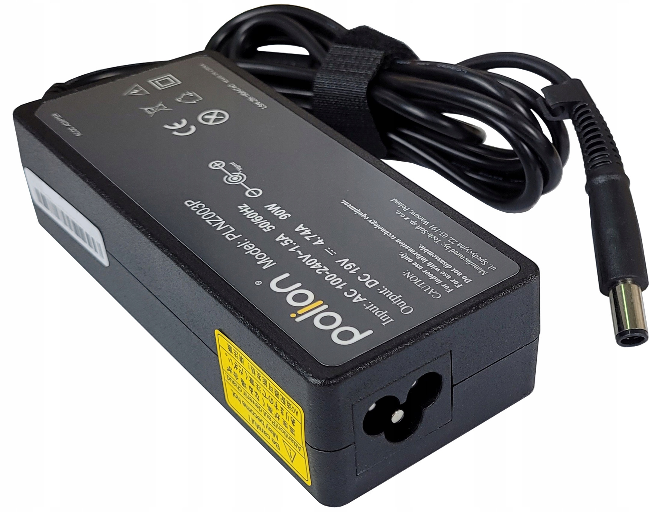 Czarna ładowarka do laptopa z czarnym kablem i złączem. Ma tekst i żółtą etykietę ostrzegawczą.