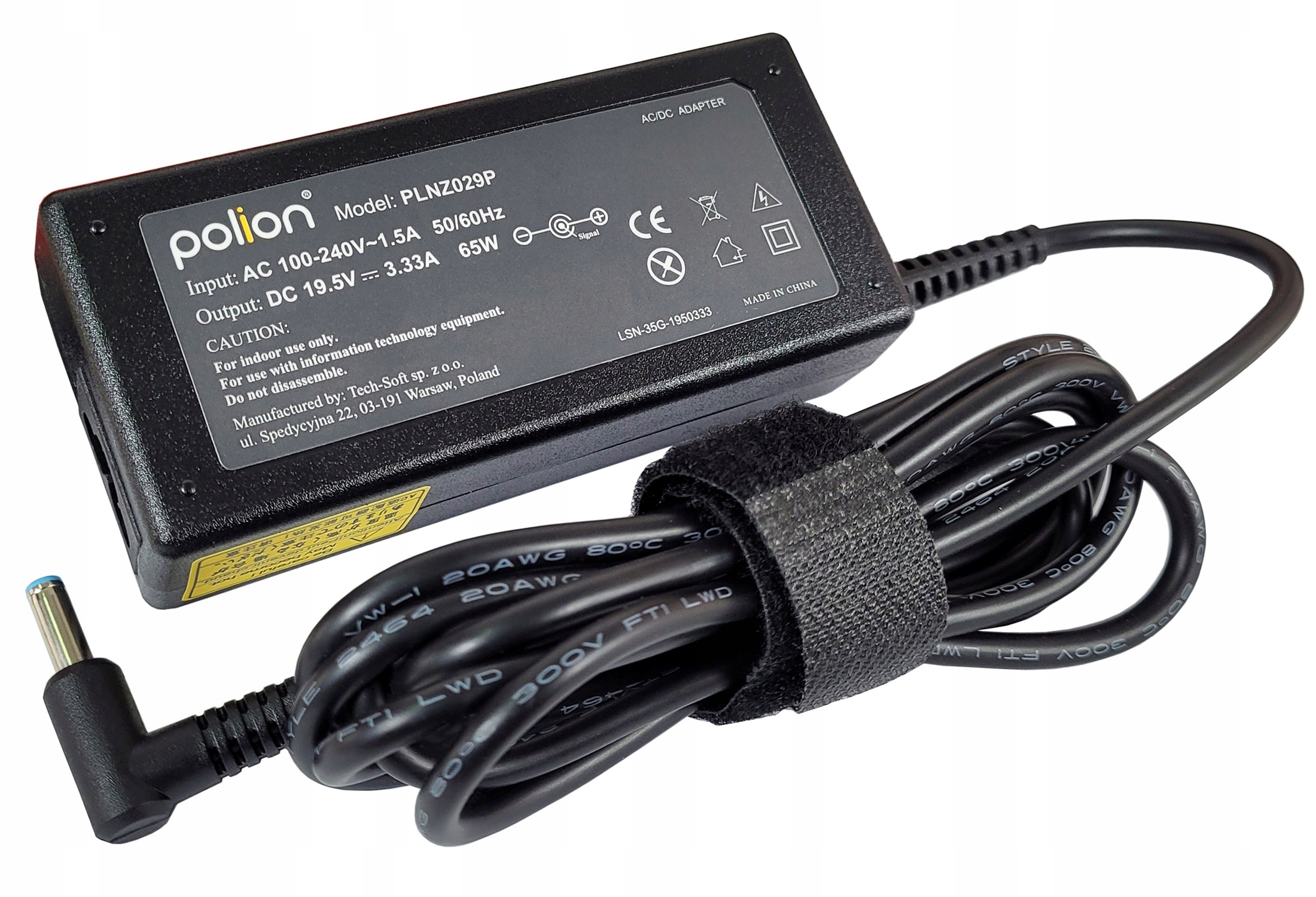 Czarny zasilacz AC/DC Polion z czarnym kablem i złączem. Etykieta pokazuje model, wejście, wyjście i ostrzeżenia.