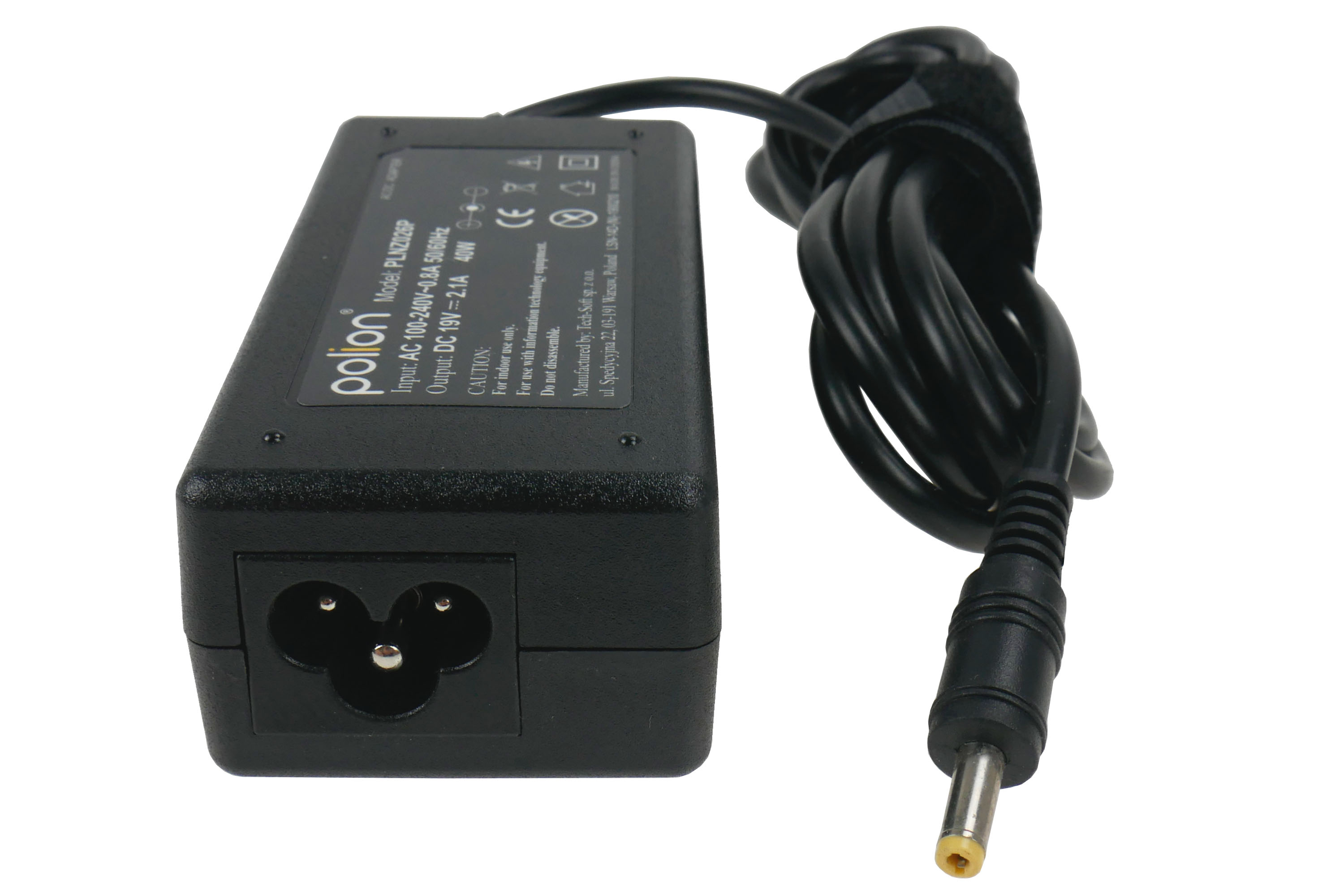 Czarny zasilacz do laptopa z czarnym kablem. Ma wtyczkę trzybolcową i markę 'polion'.
