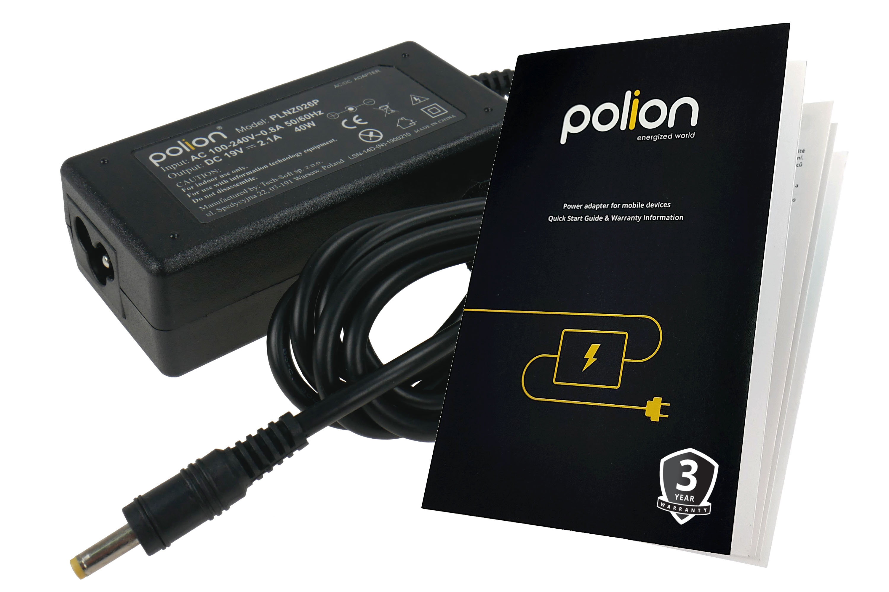 Czarny zasilacz, kabel i broszura z marką 'polion' oraz informacjami o gwarancji.