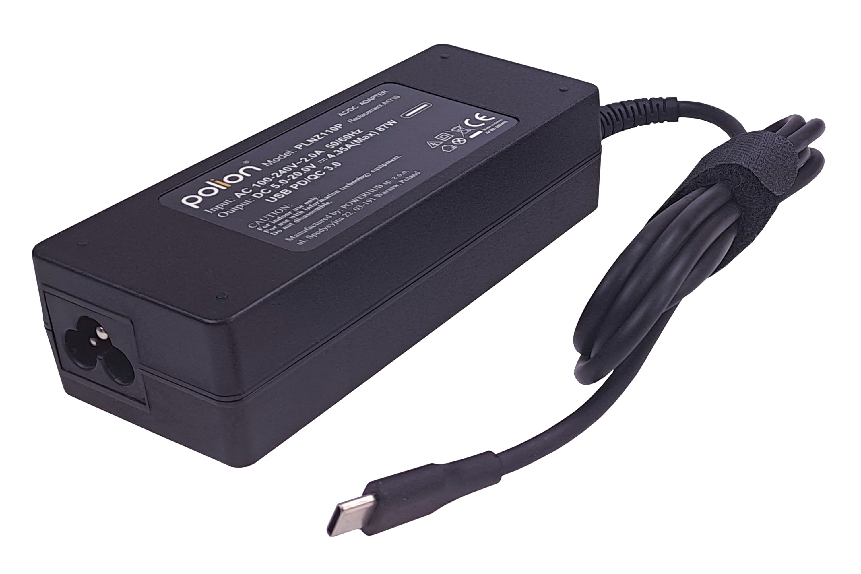 Czarny zasilacz AC/DC z kablem, złączem USB-C i etykietą z tekstem.