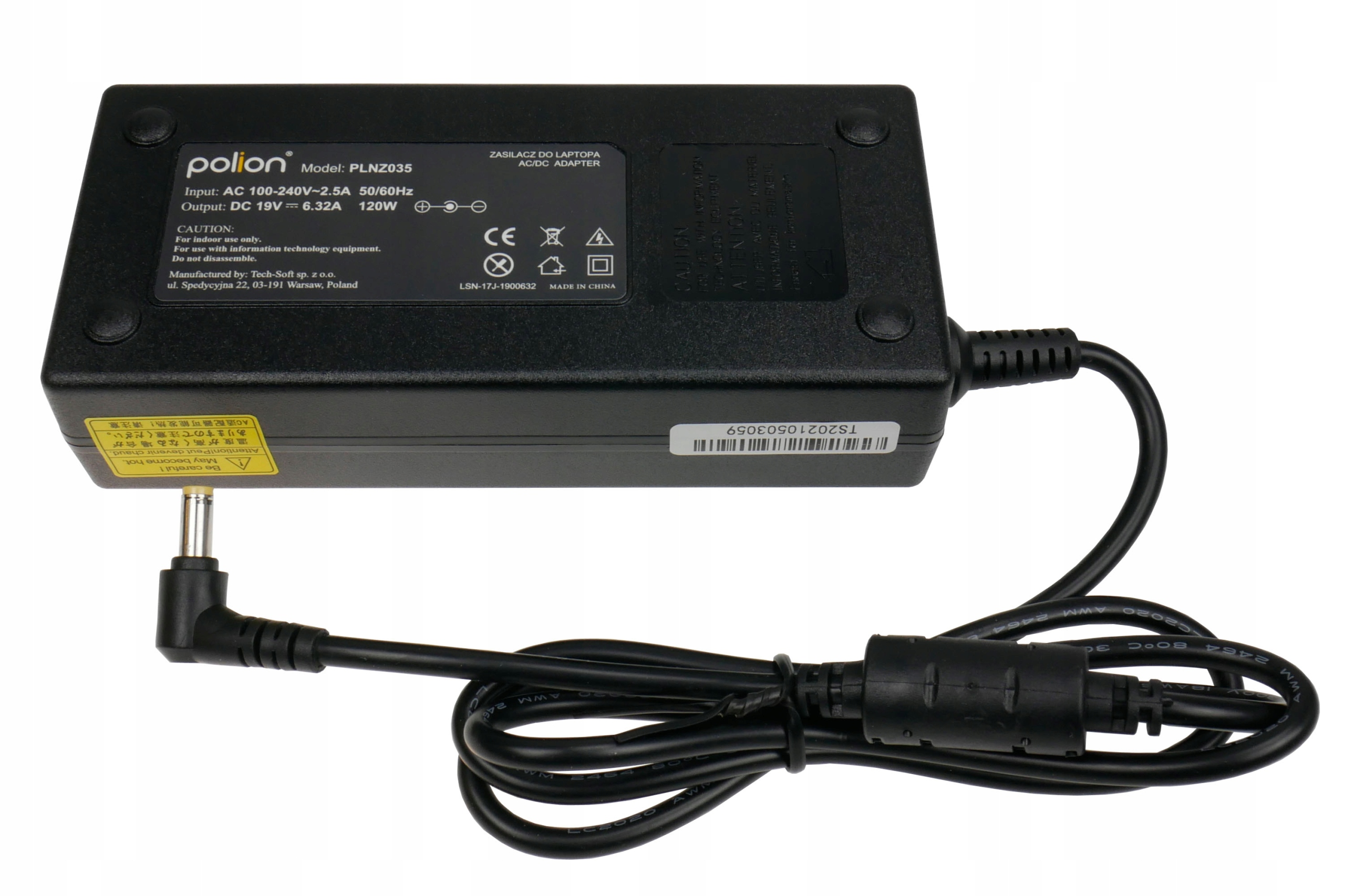 Czarny zasilacz do laptopa z czarnym kablem. Ma tekst i wtyczkę.