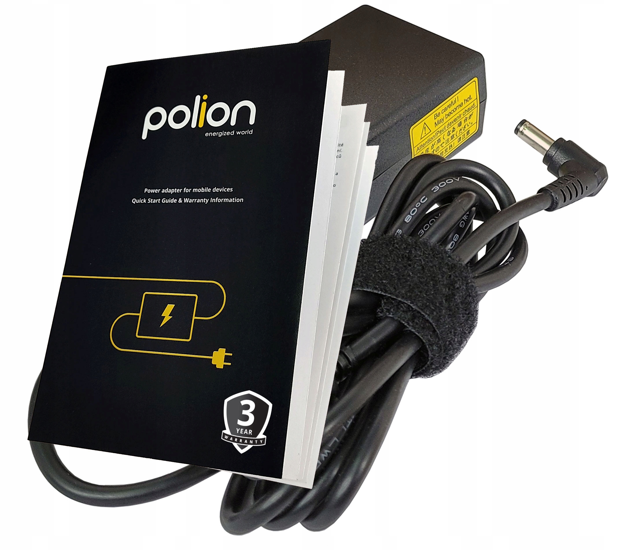 Zasilacz z czarną książką i czarną cegłą zasilającą. Książka mówi 'polion' i '3 lata gwarancji'.