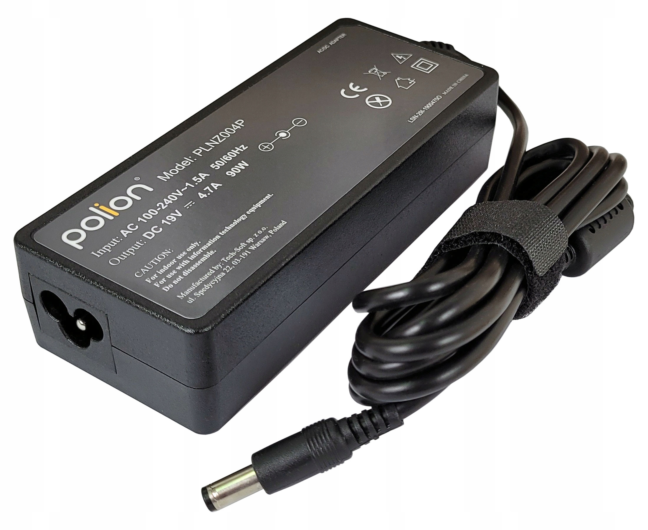 Czarny zasilacz do laptopa Polion z czarnym kablem i złączem. Zasilacz ma biały tekst.