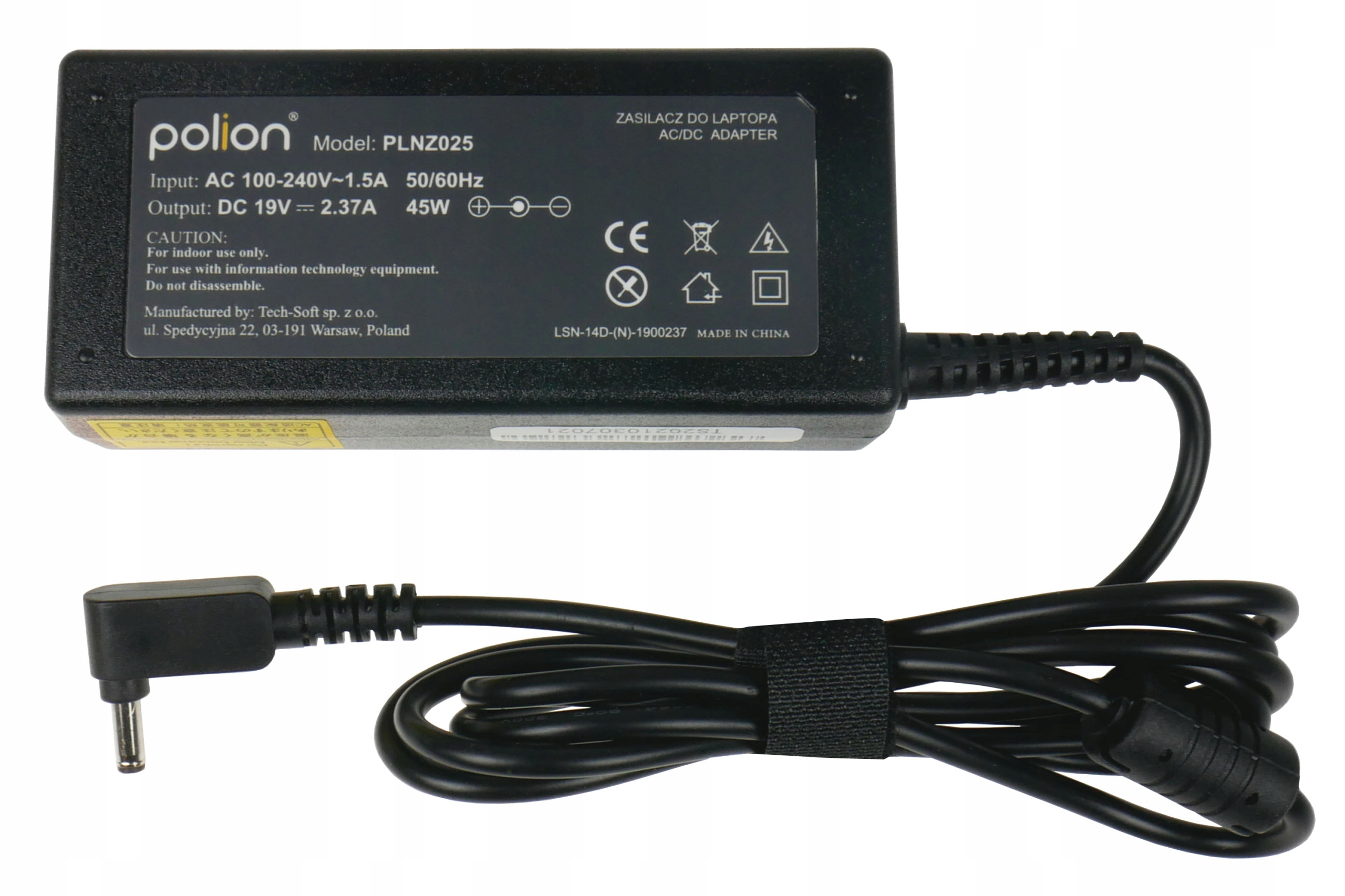 Czarny zasilacz AC/DC do laptopa. Zasilacz ma czarny kabel z rzepem i złączem.