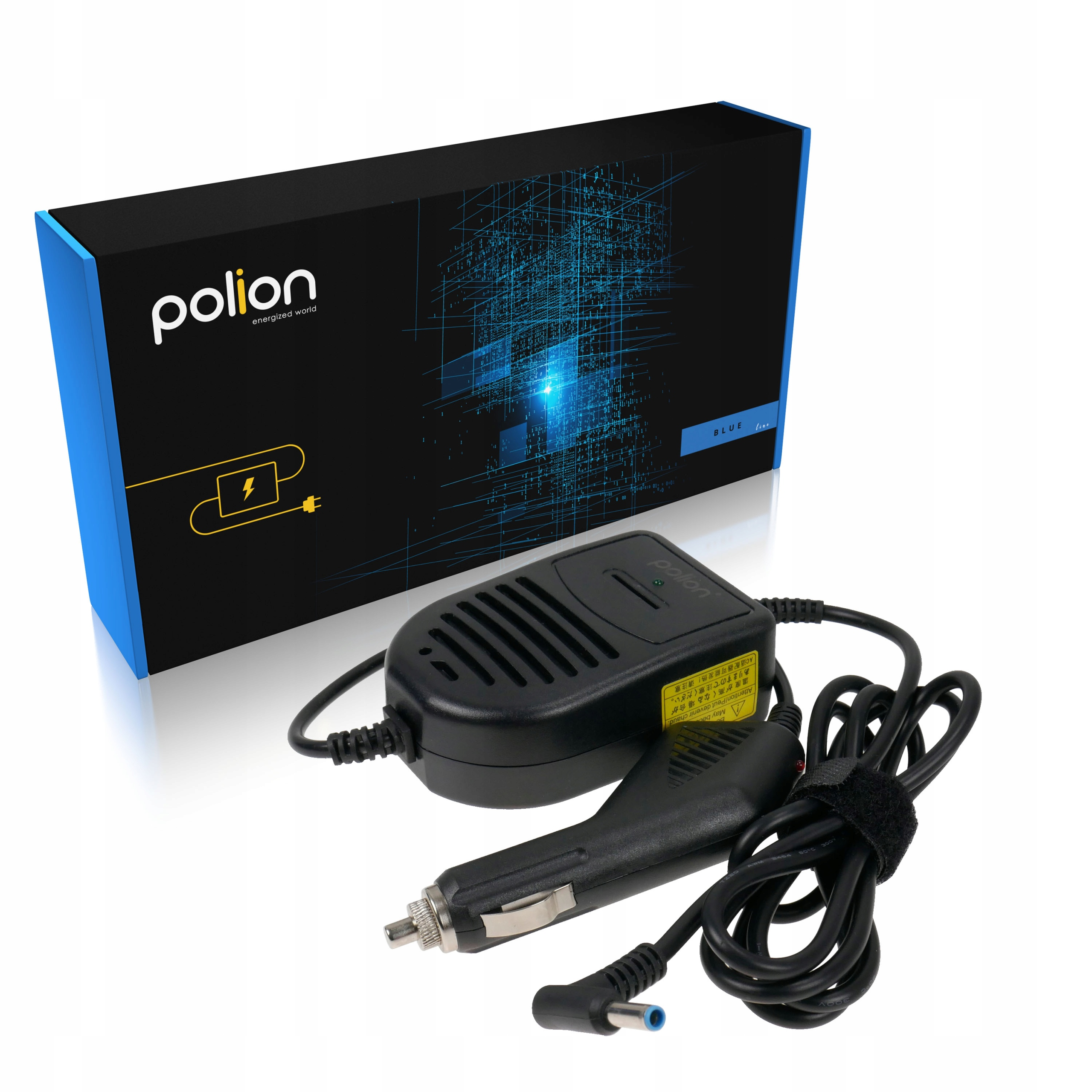 Czarna ładowarka do laptopa i niebiesko-czarne pudełko z marką 'polion' są wyświetlane na białej powierzchni.