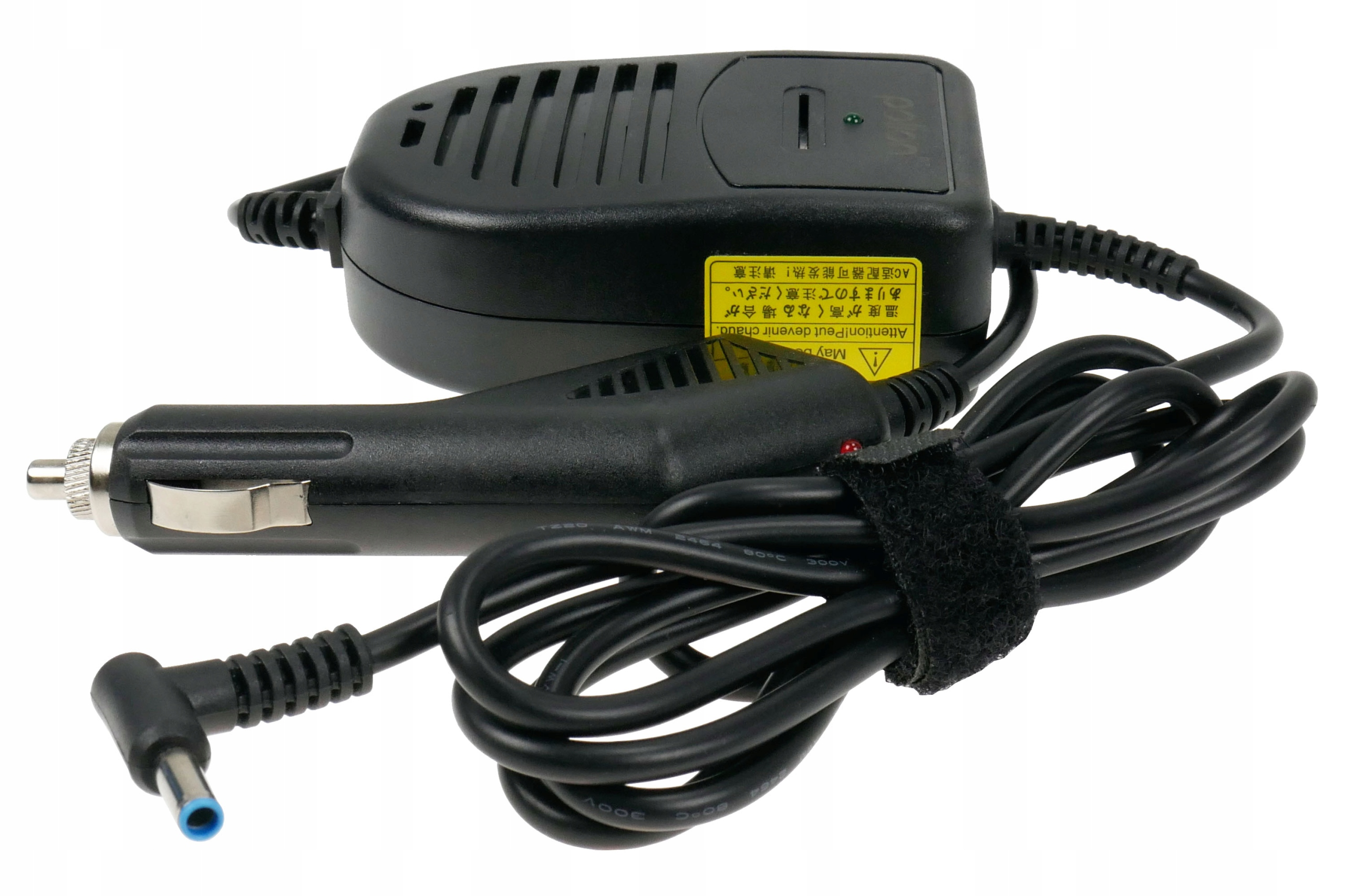 Czarna ładowarka samochodowa z zasilaczem, adapterem do zapalniczki i kablem z rzepem.