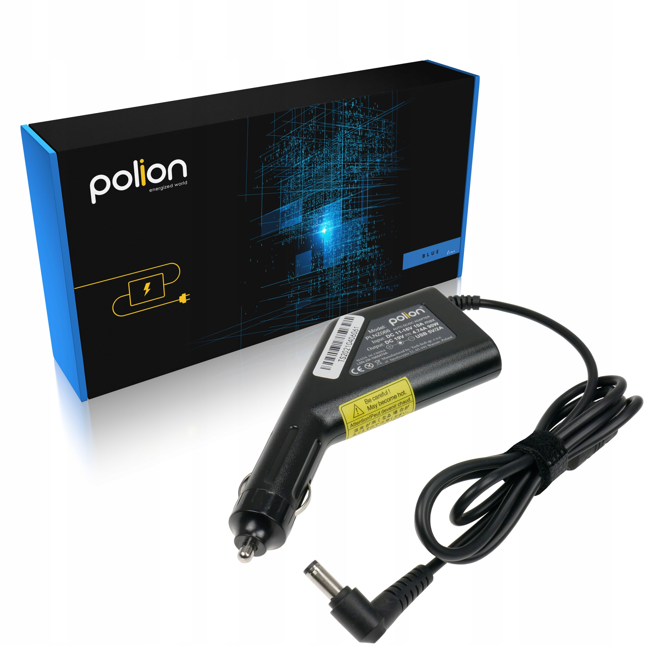 Adapter samochodowy z czarnym kablem. Niebiesko-czarne pudełko z marką 'polion' po lewej.