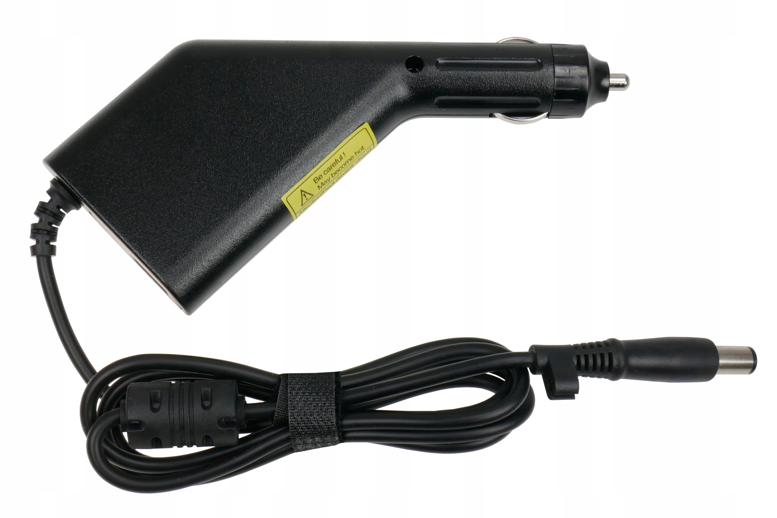 Czarny adapter do ładowarki samochodowej z etykietą ostrzegawczą i czarnym kablem z wtyczką DC.