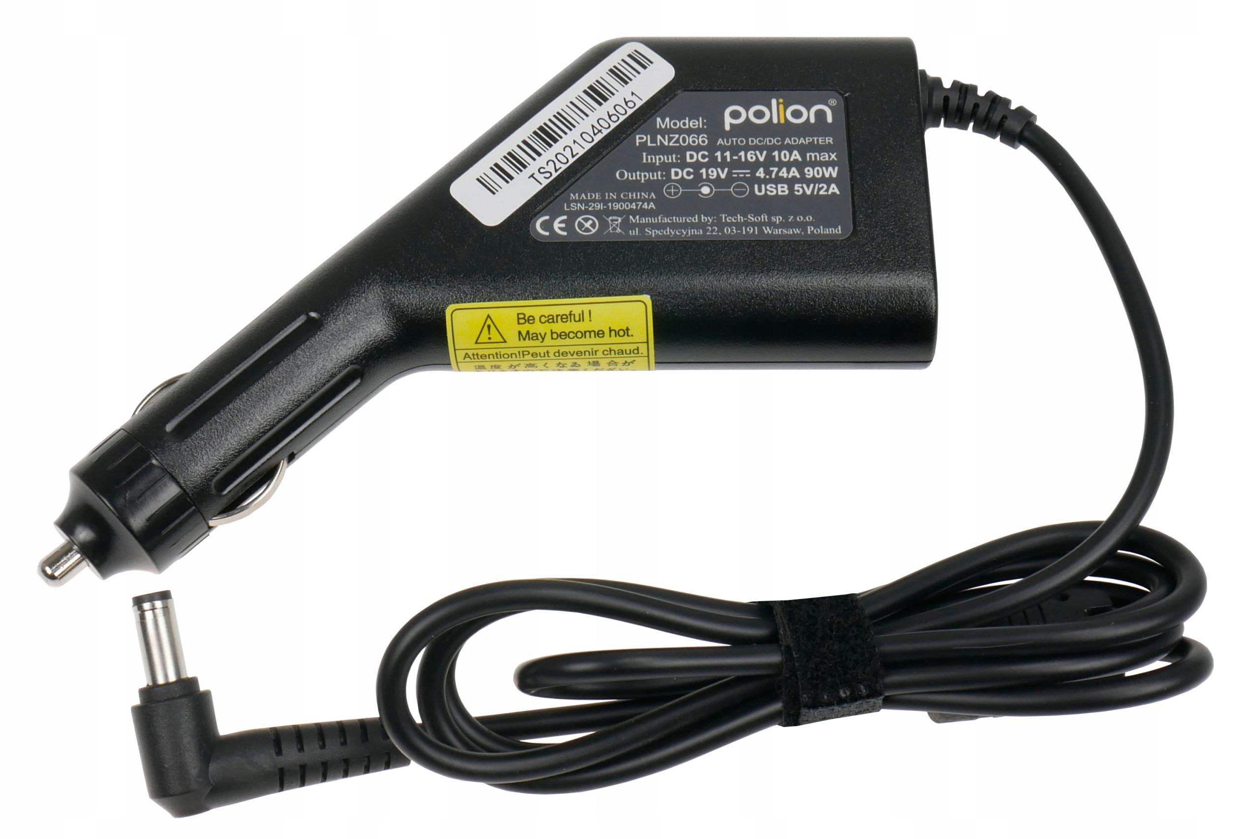 Czarna ładowarka samochodowa z etykietą. Kabel jest czarny i zwinięty. Obecna jest również etykieta ostrzegawcza.