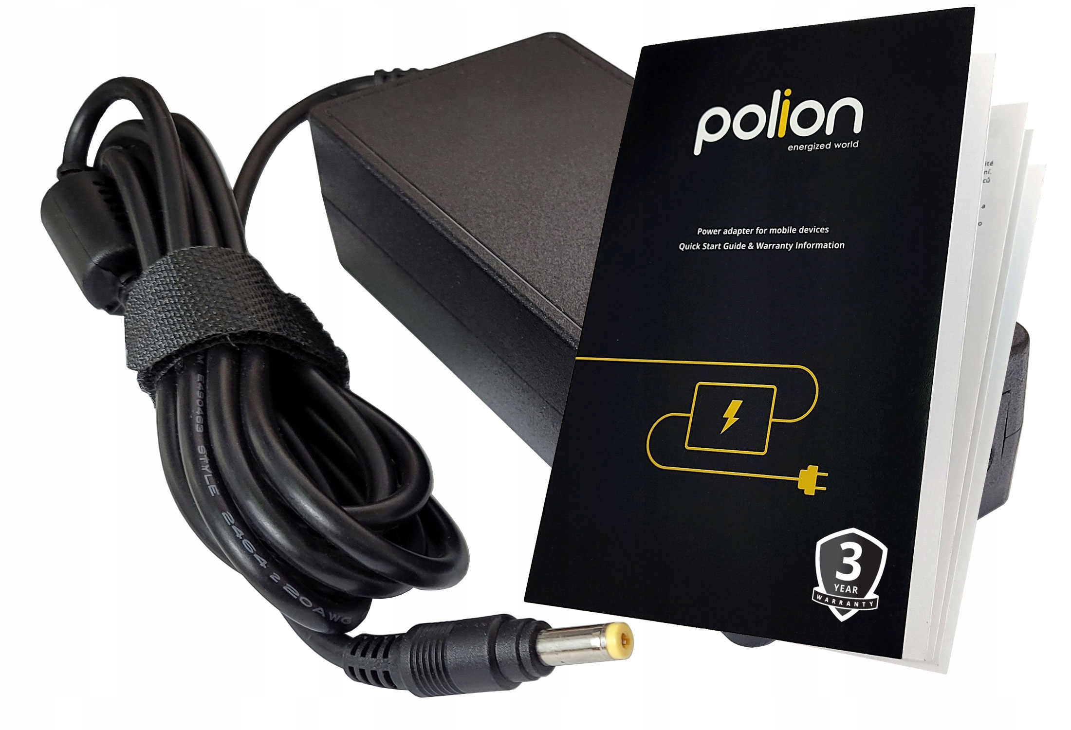 Czarny zasilacz i kabel z instrukcją. Instrukcja zawiera logo Polion i informacje o gwarancji.
