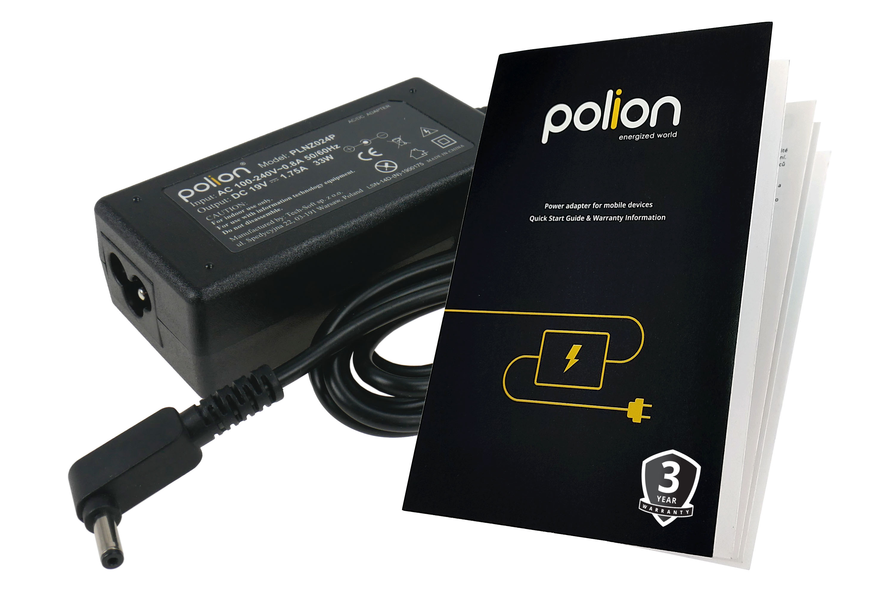 Czarny zasilacz, instrukcja obsługi oraz czarno-biała książka z marką 'polion' na białej powierzchni.