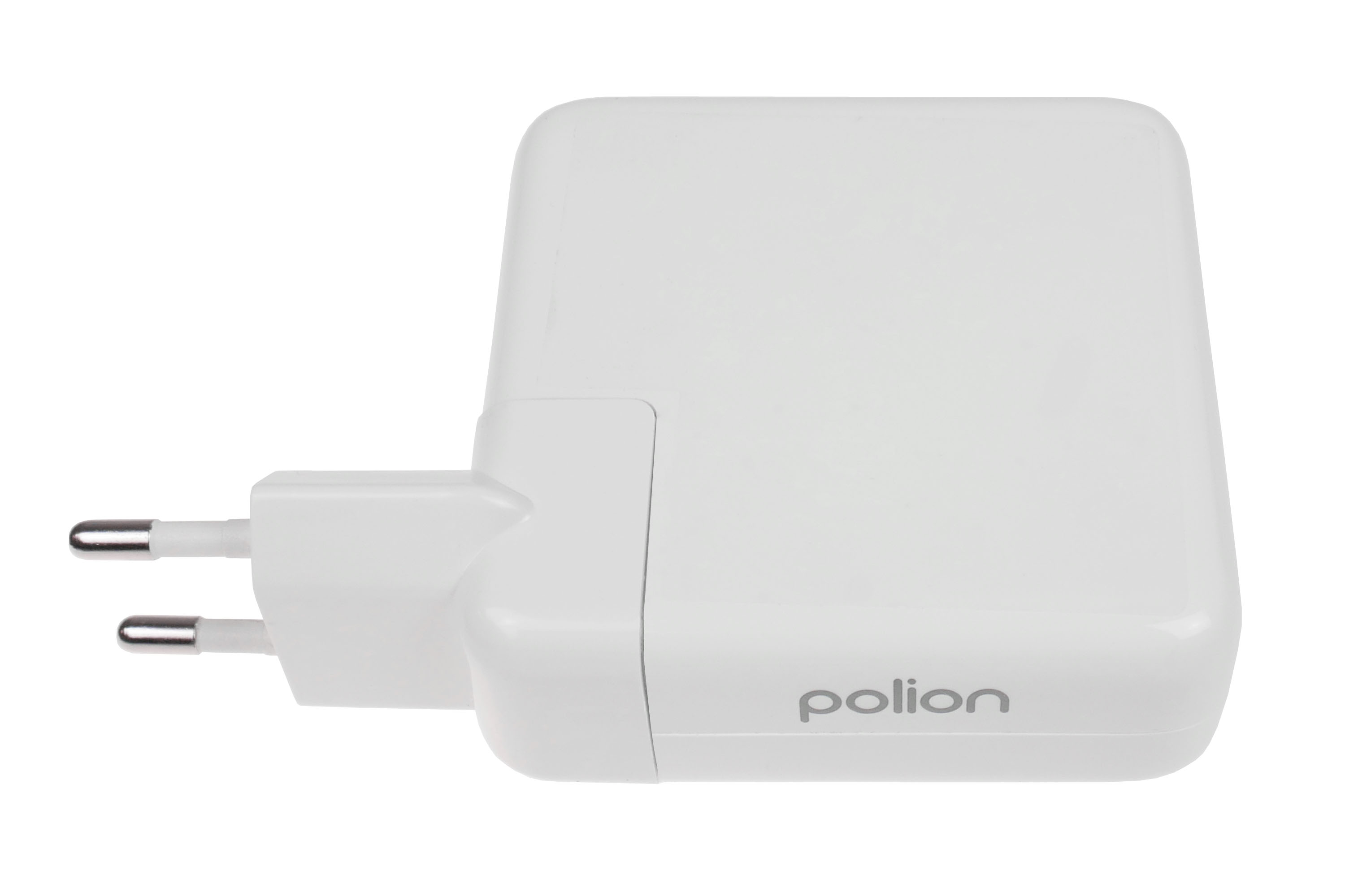 Biały zasilacz Polion z wtyczką dwupinową na białym tle.