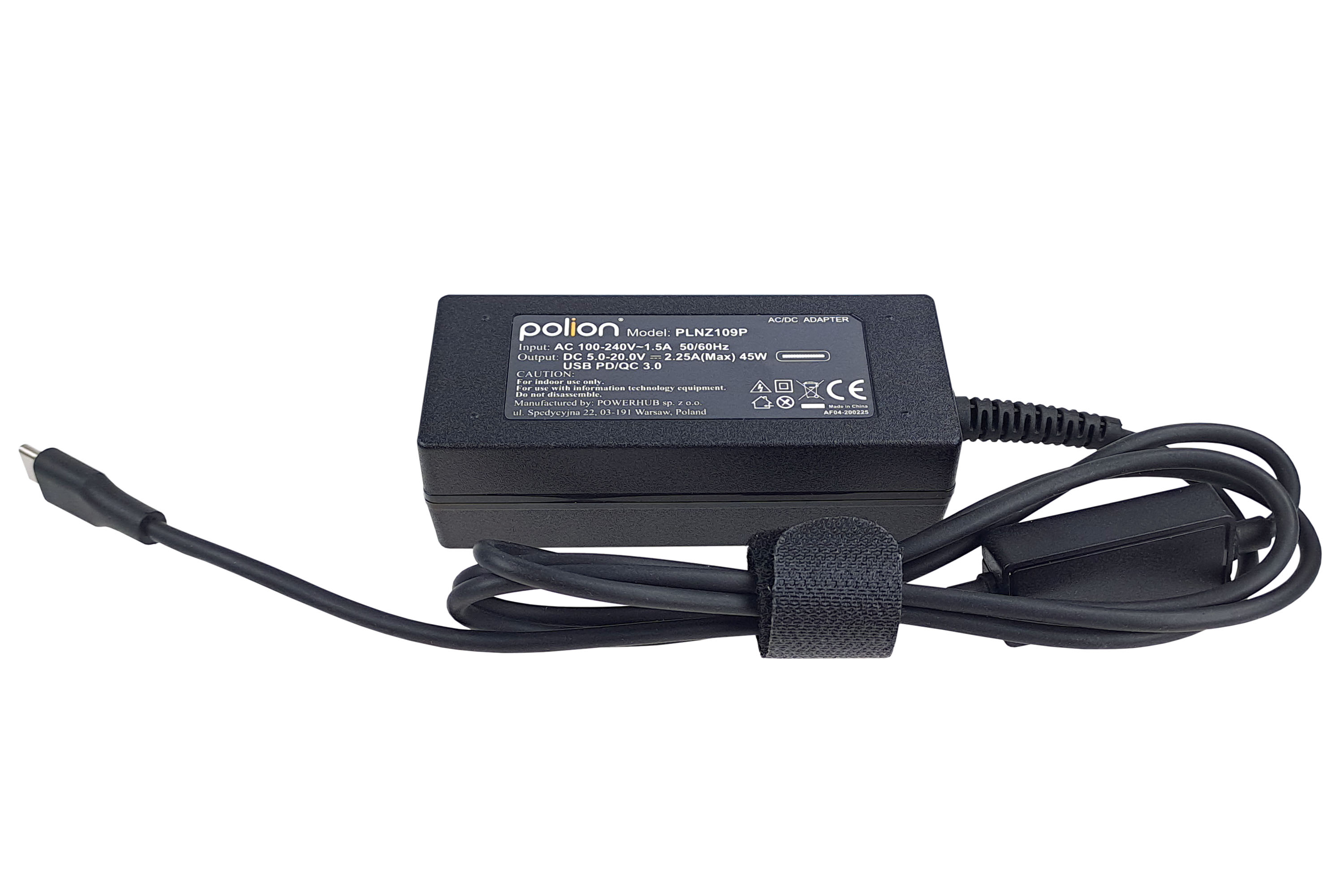 Czarny zasilacz Polion AC/DC z kablem USB-C. Ma rzep i tekst.