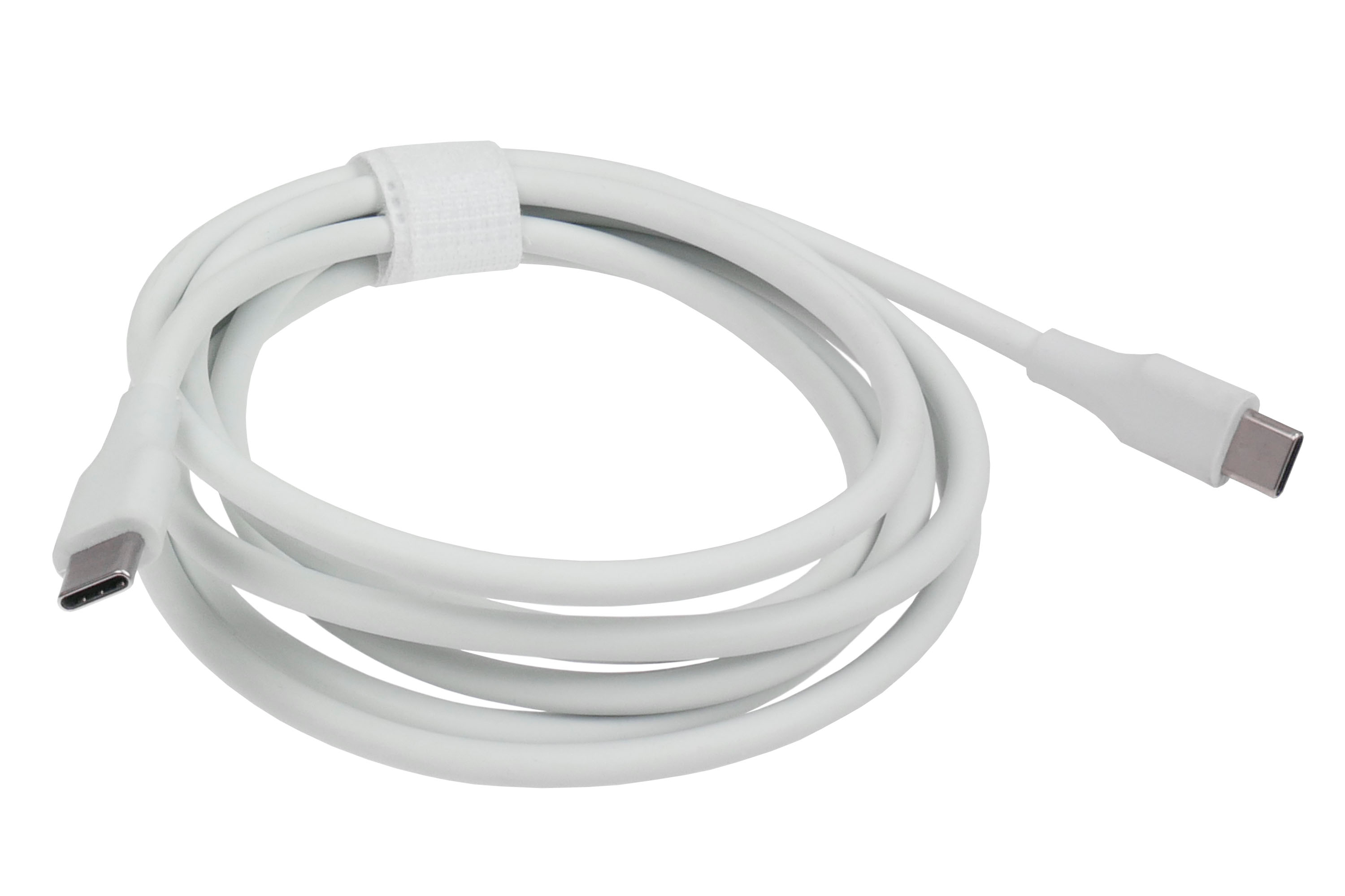 Biały kabel USB-C zwinięty paskiem na rzep. Kabel ma złącza na obu końcach.