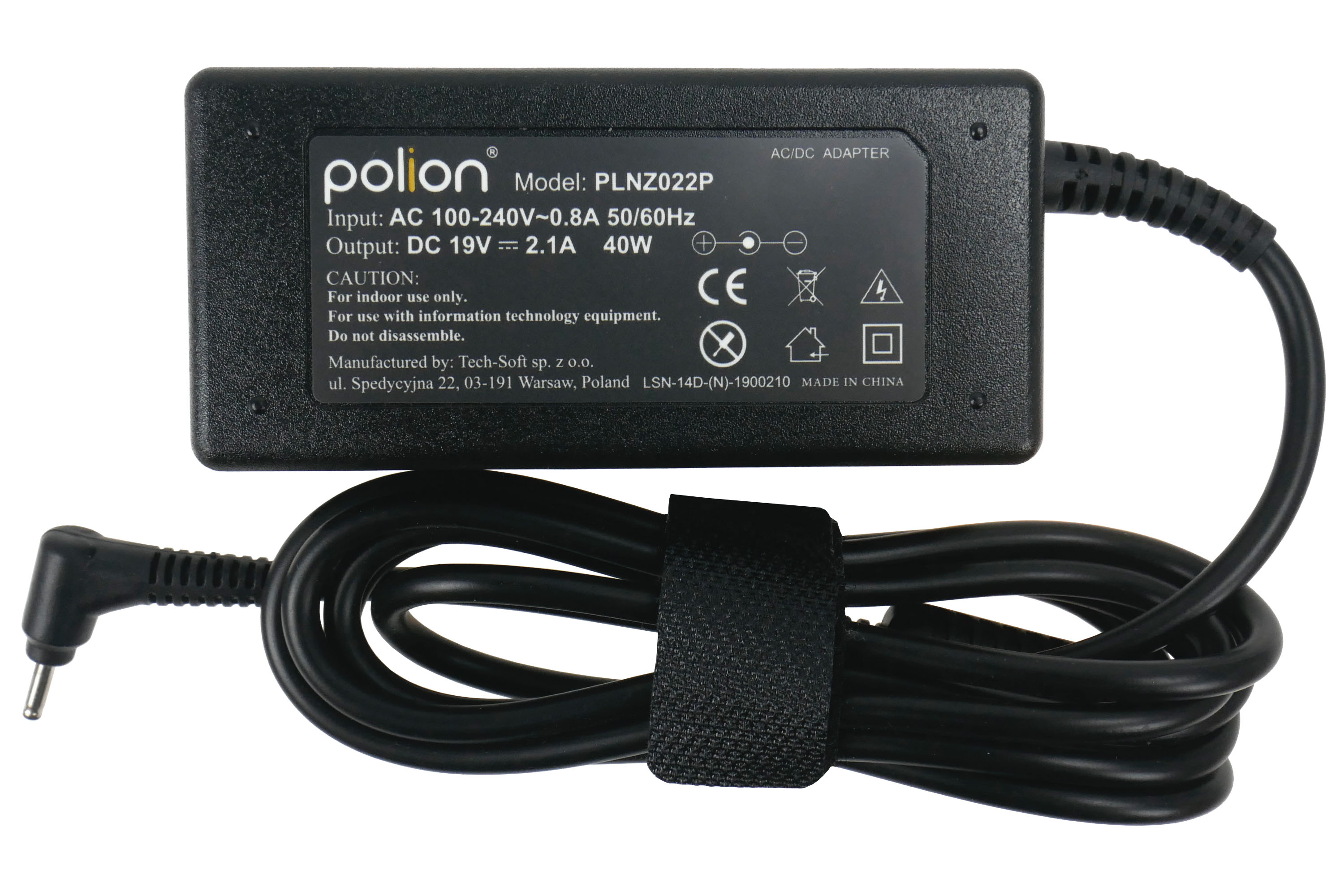 Czarny zasilacz AC/DC z czarnym kablem. Zasilacz ma biały tekst i symbole.