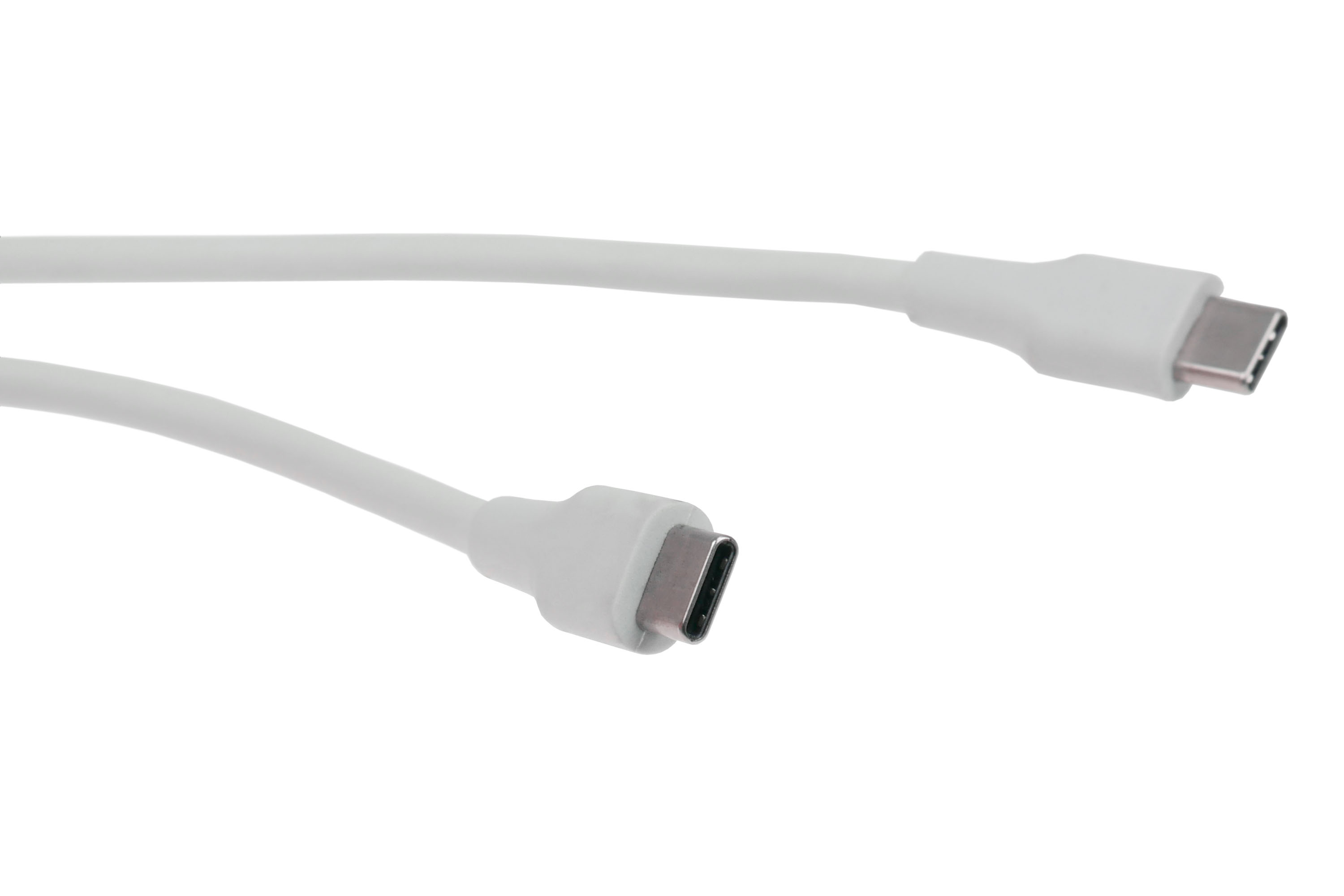 Dwa białe kable USB-C, złącza skierowane w prawo, na białym tle. Kable są lekko zakrzywione.