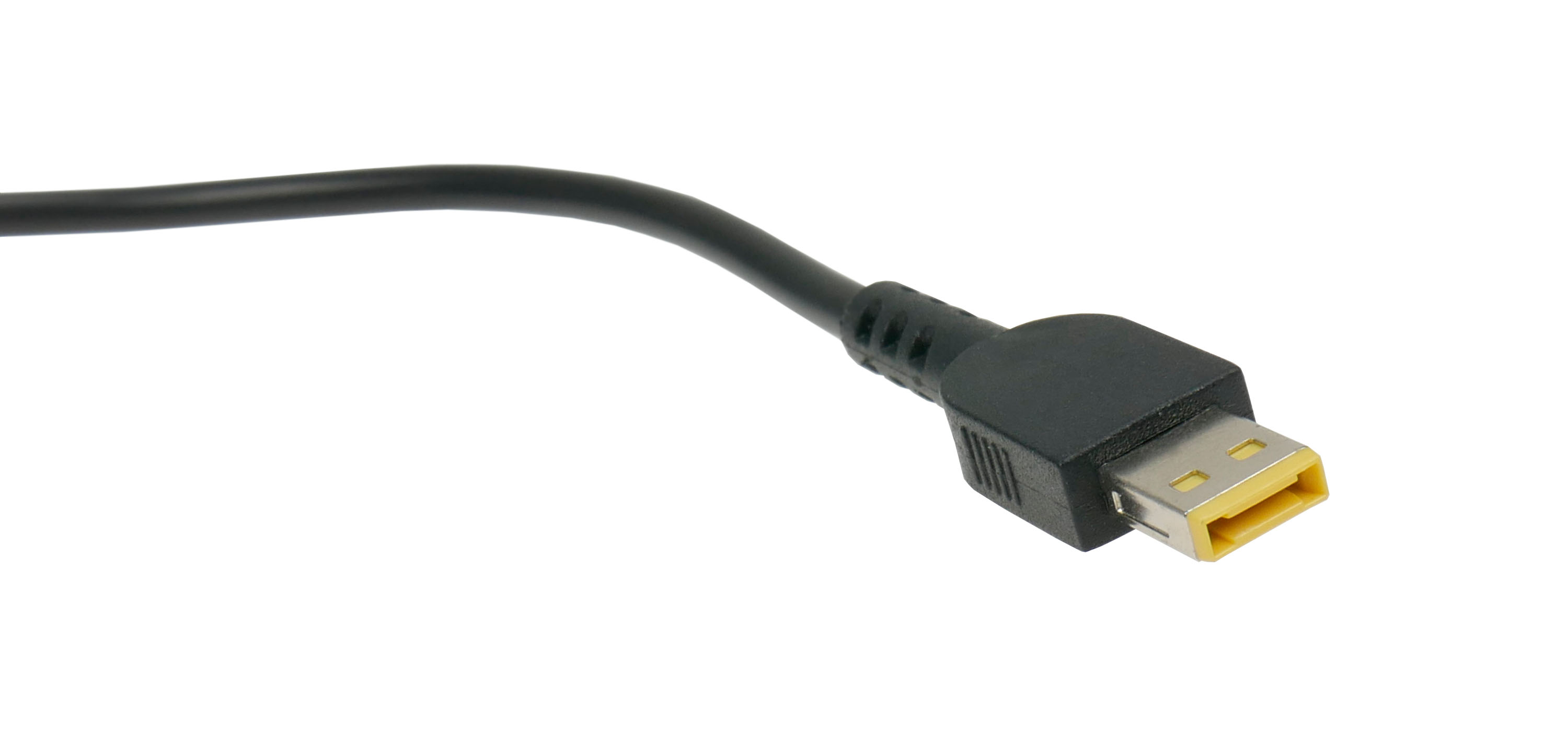 Czarny kabel USB z czarnym złączem i żółtym portem USB na białym tle.