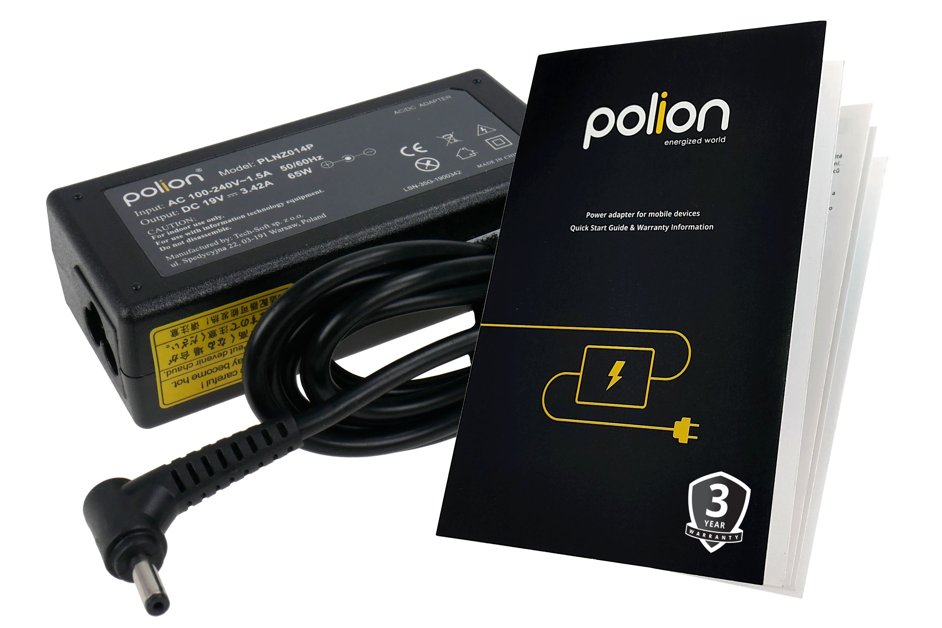 Czarny zasilacz, kabel oraz broszura z logo Polion i informacjami gwarancyjnymi.