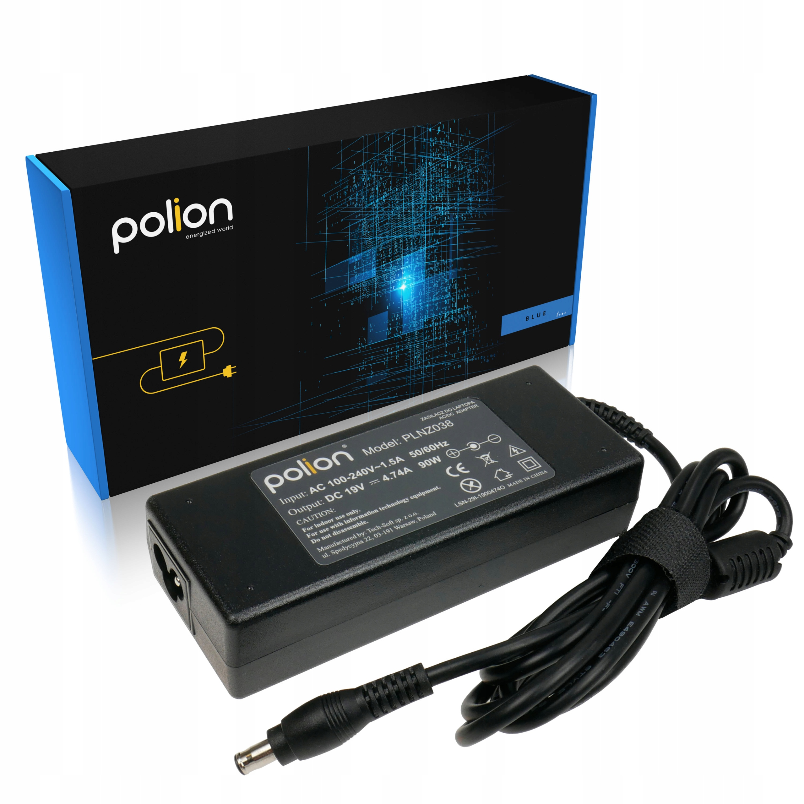Czarna ładowarka do laptopa z niebieską obwódką. Ładowarka ma czarny kabel, a na pudełku widnieje nazwa marki Polion.