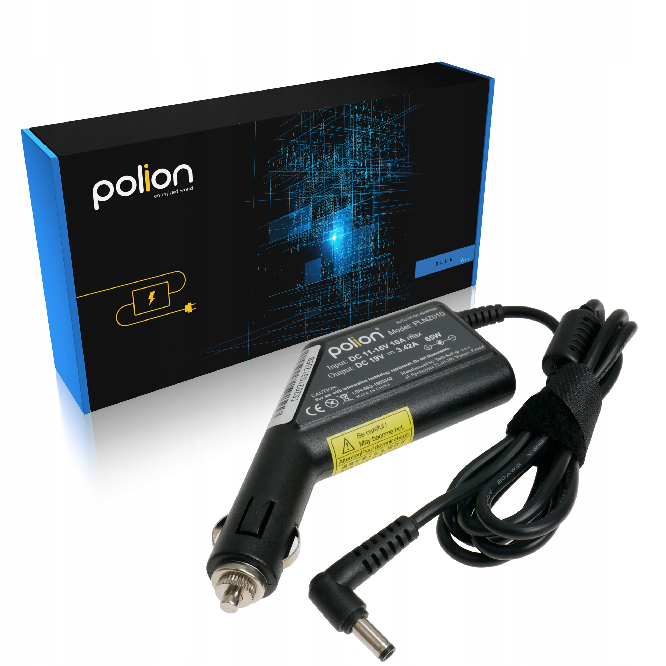 Czarna i niebieska ładowarka samochodowa Polion. Ma czarny kabel z grafiką podobną do danych w tle.
