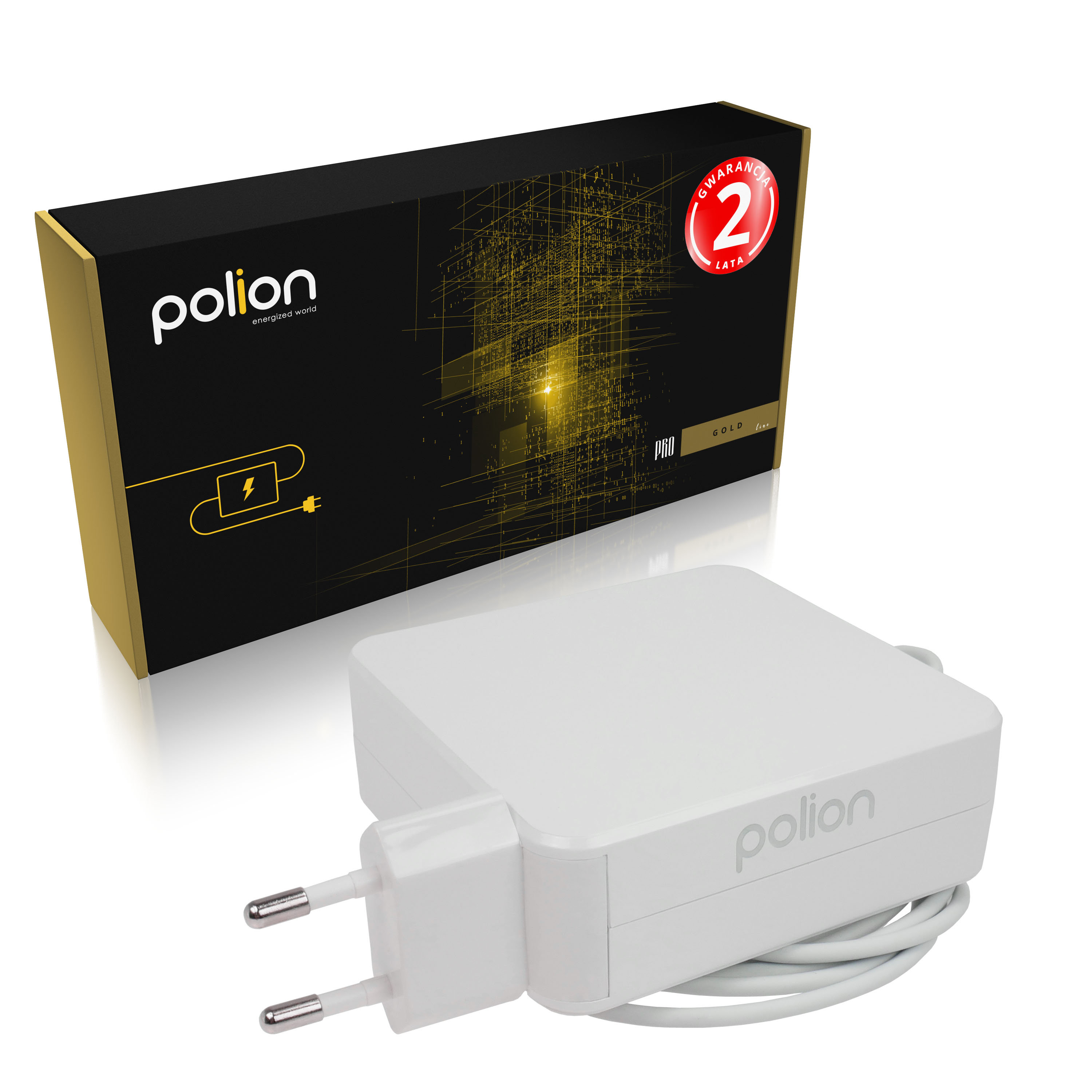 Biała ładowarka Polion z pudełkiem w tle. Pudełko jest czarne ze złotymi akcentami i marką.